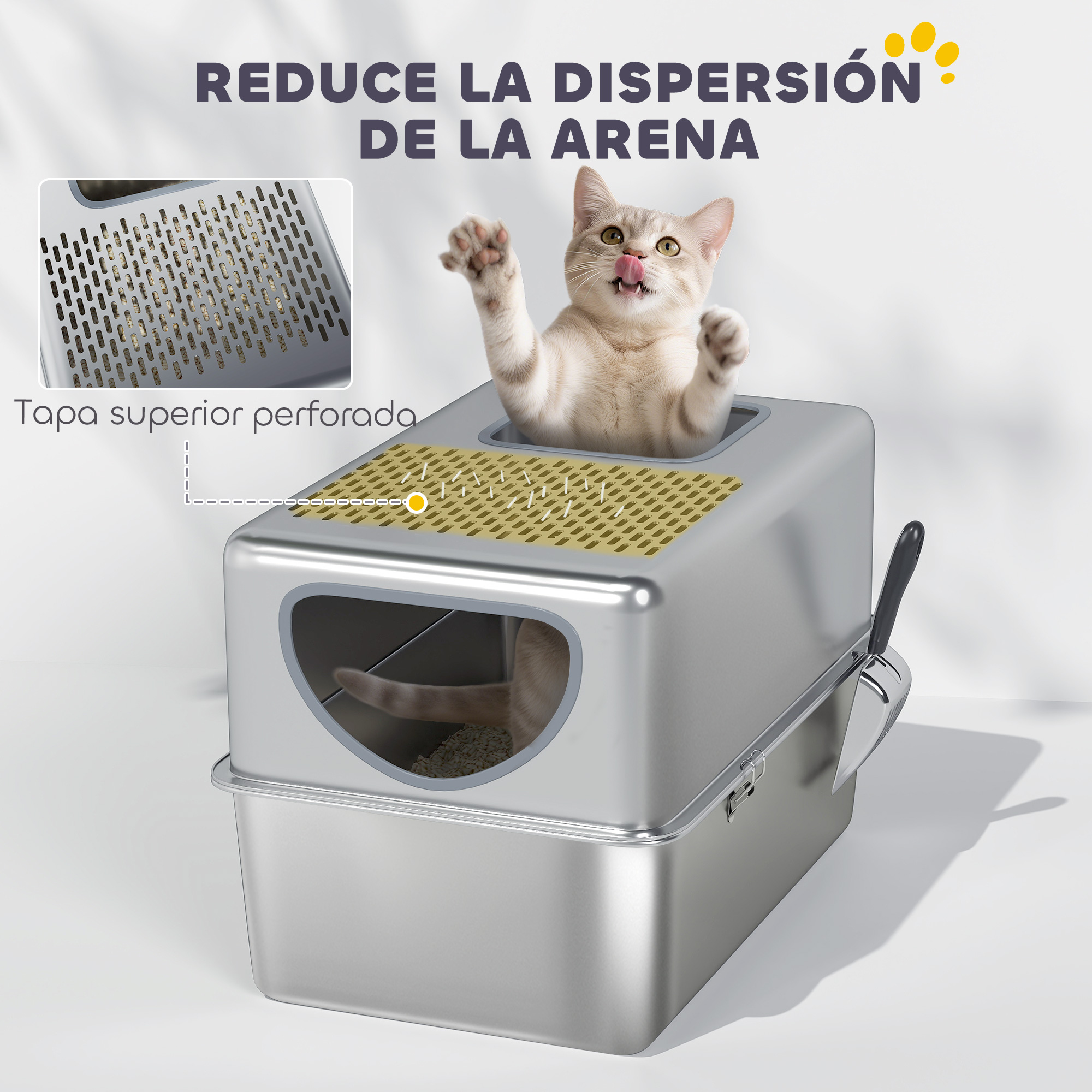 Un gato en una caja de arena metálica, extendiendo las patas. El texto en español dice 'Reduce la dispersión de arena'.