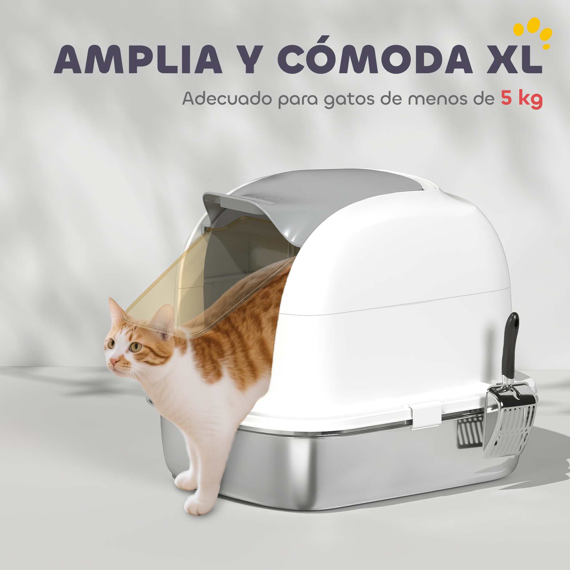 Un gato blanco en una caja de arena blanca y gris. El texto superior dice 'AMPLIA Y CÓMODA XL'.