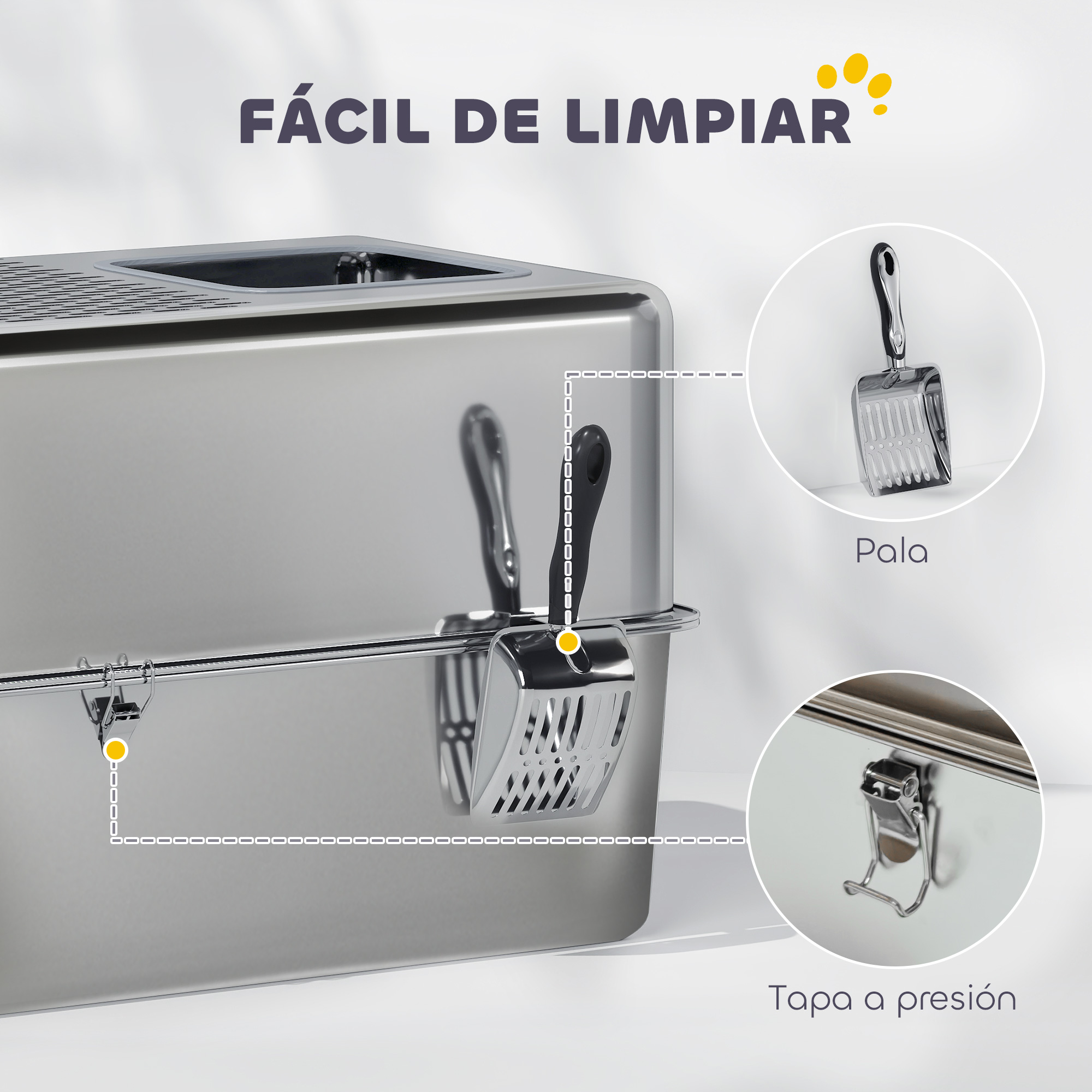 Una caja de arena metálica con una pala y tapa a presión, con la frase 'Fácil de limpiar'.