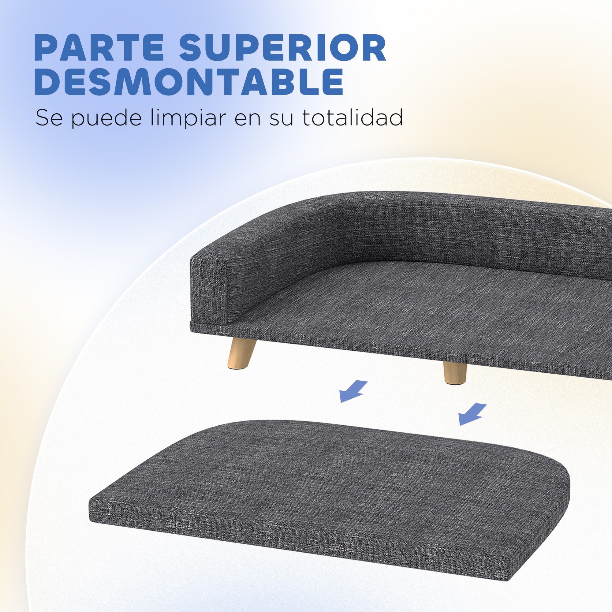 Un sofá gris con parte superior desmontable. Tiene patas de madera y se limpia por completo.