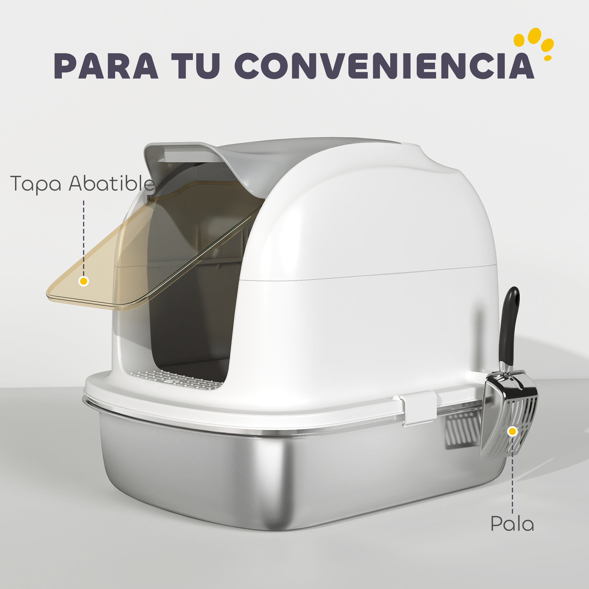 Arenero blanco y gris con tapa abierta, una pala y el texto 'PARA TU CONVENIENCIA'.