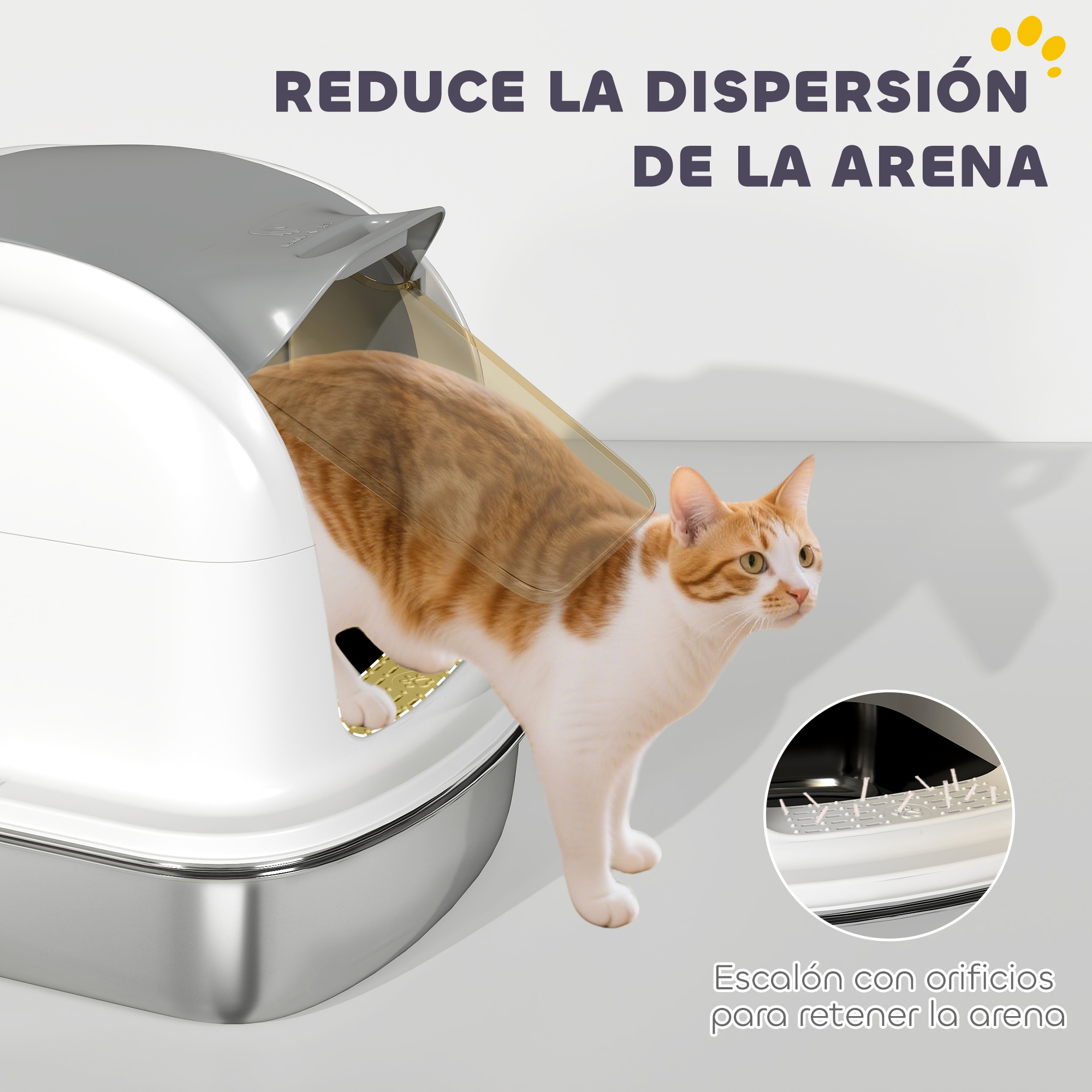 Un gato sale de una caja de arena blanca y gris. La caja tiene un escalón para retener la arena. El texto dice: Reduce la dispersión de la arena.