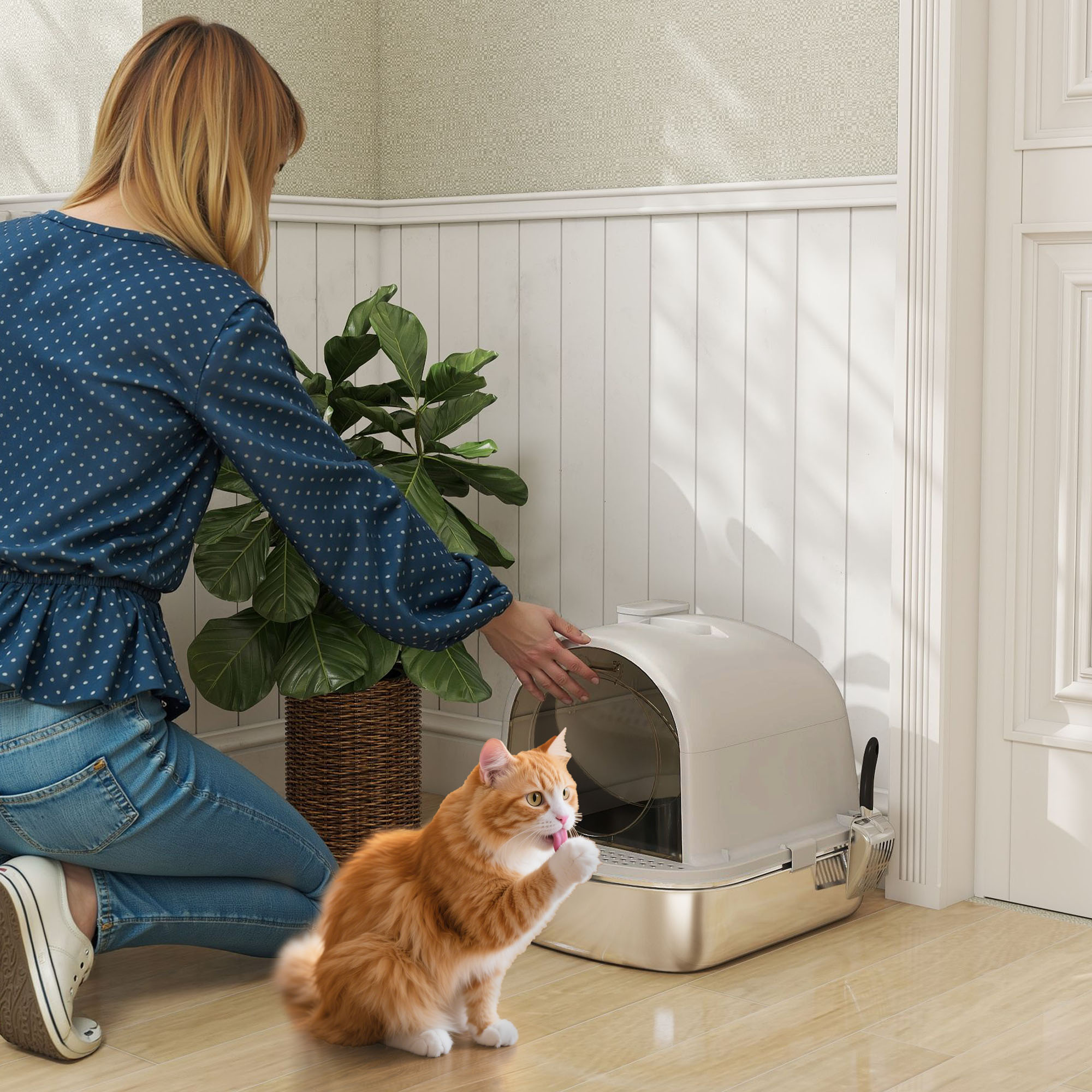 Una mujer se arrodilla cerca de un gato, abriendo una caja de arena. El gato es naranja y blanco, se está acicalando. Hay una planta cerca.