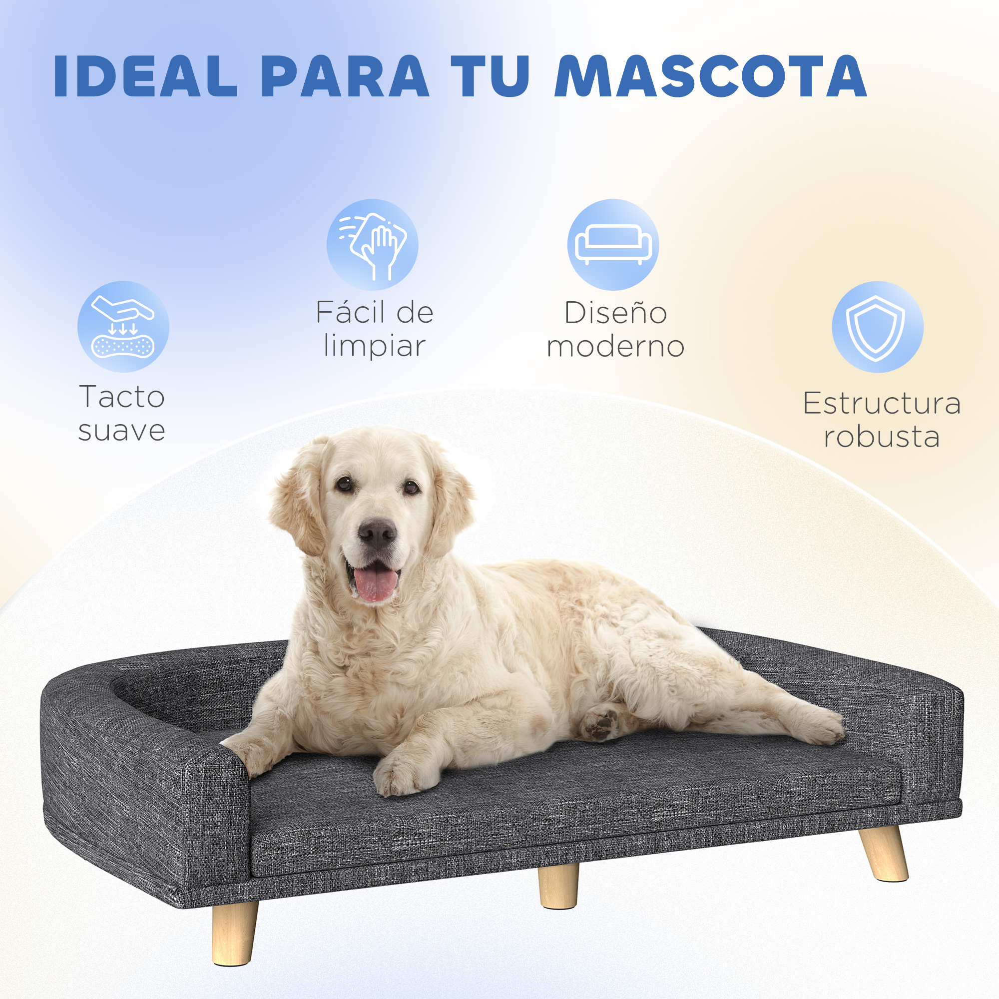 Un golden retriever yace en una cama gris para perros. El texto dice: Ideal para tu mascota.