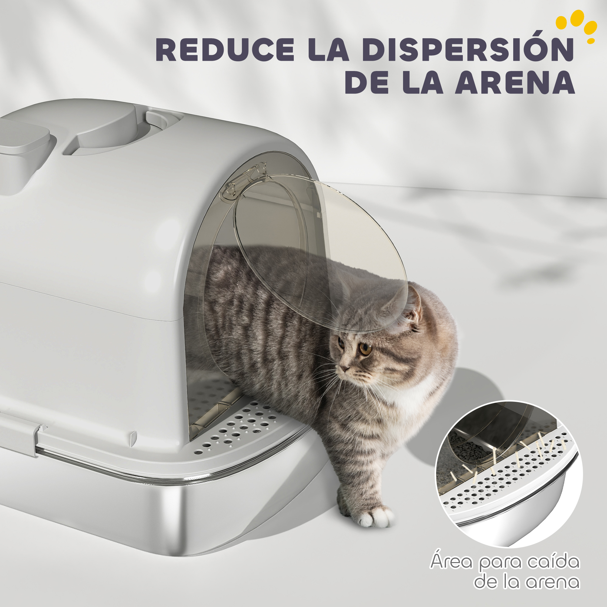 Un gato sale de una caja de arena blanca. El texto dice 'Reduce la dispersión de arena'. Primer plano: arena cayendo.