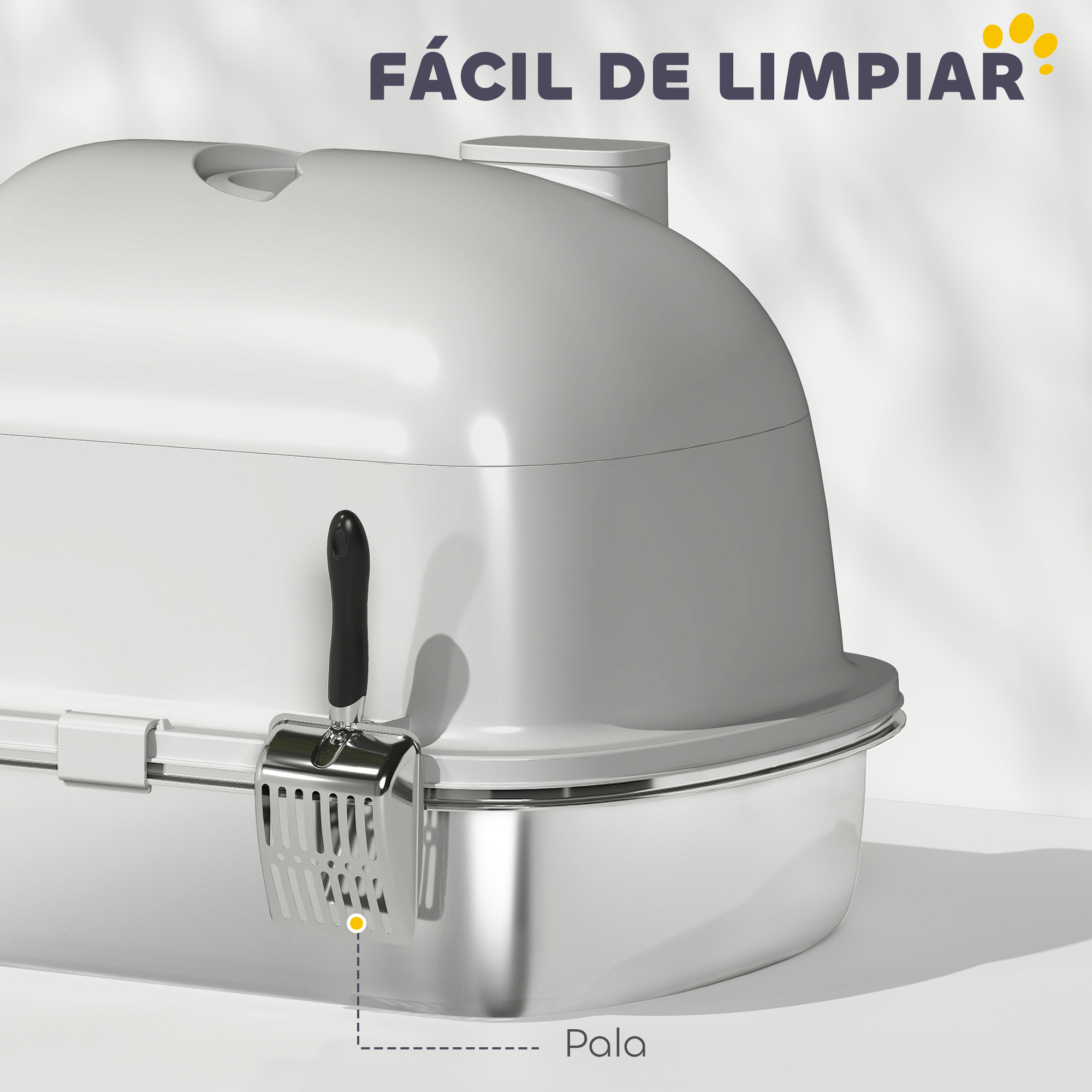 Una caja de arena blanca con una pala. El texto dice: FÁCIL DE LIMPIAR (Fácil de limpiar).
