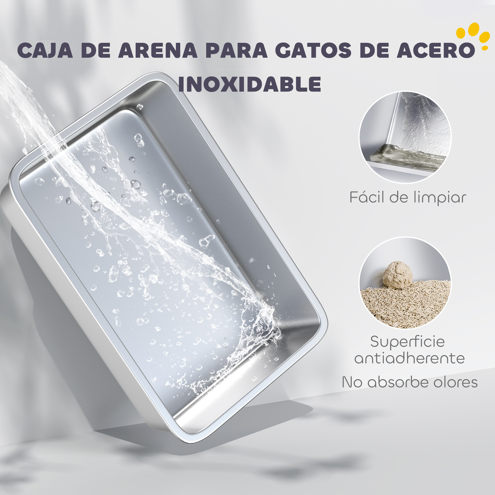 Una caja de arena de acero inoxidable para gatos con agua vertiéndose. El texto en español describe el producto.