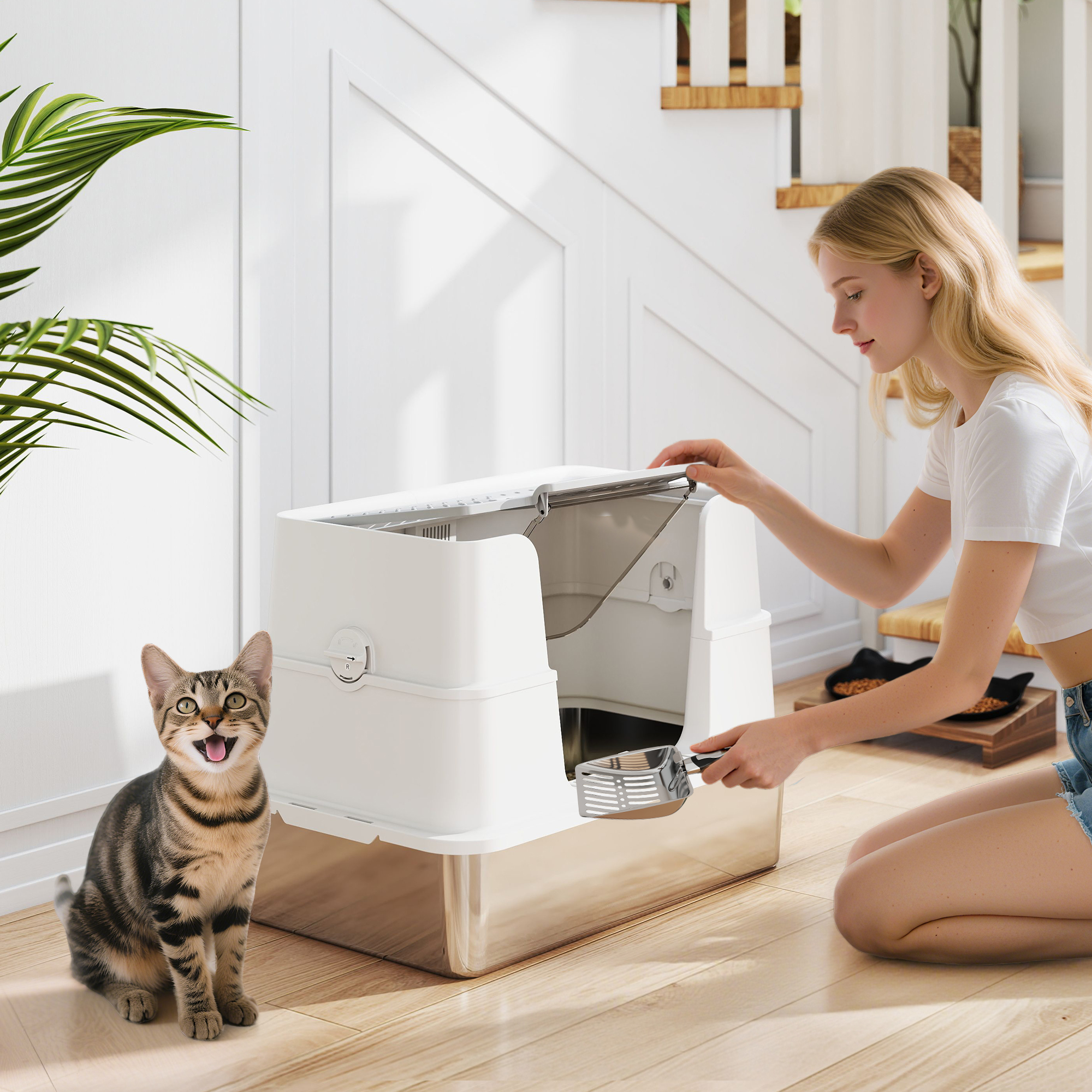 Una mujer se arrodilla cerca de una caja de arena blanca, sacando arena. Un gato atigrado está sentado frente a la cámara con la boca abierta.