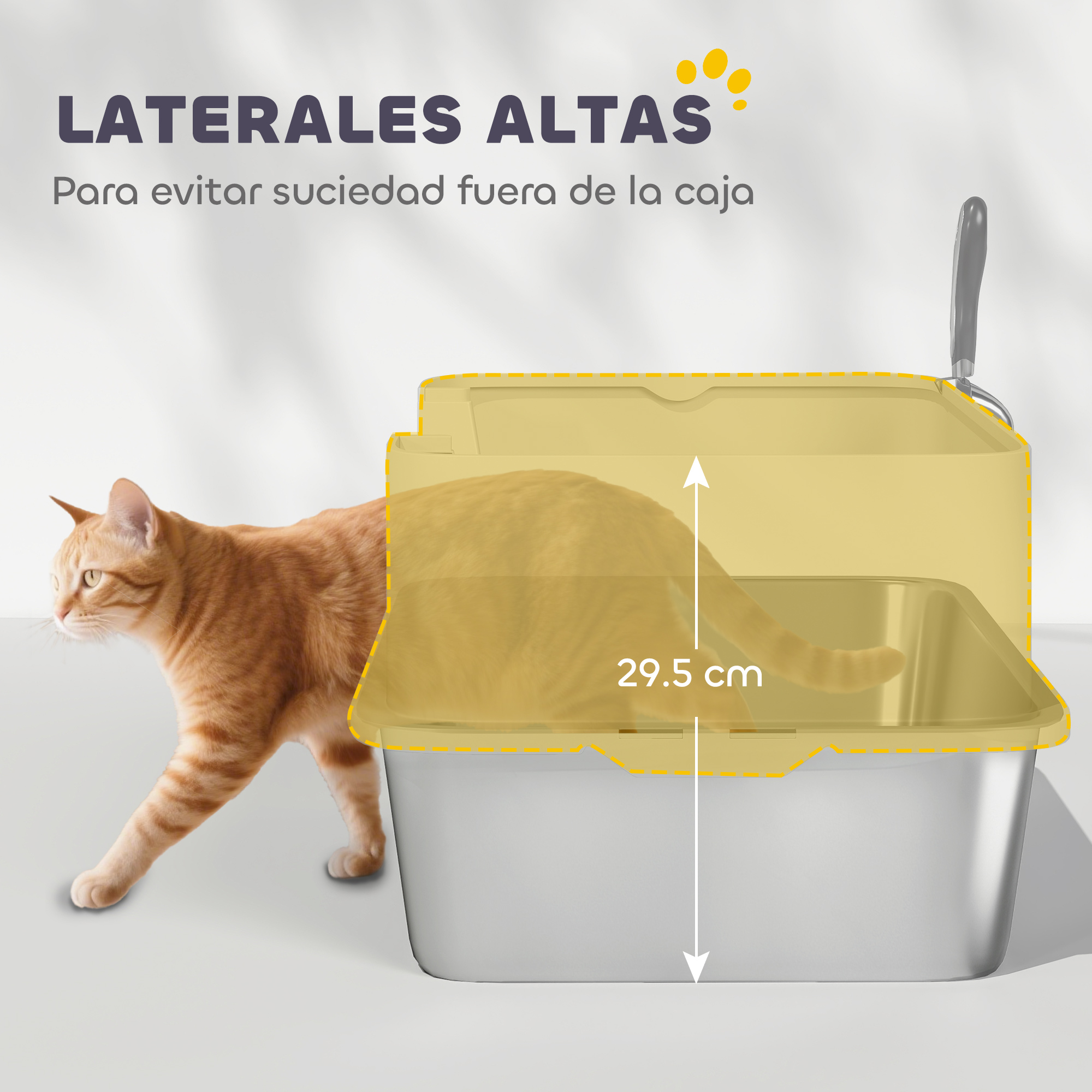 Un gato naranja cerca de una caja de arena. La caja tiene laterales altos y mide 29,5 cm de alto. Se ve texto en español.