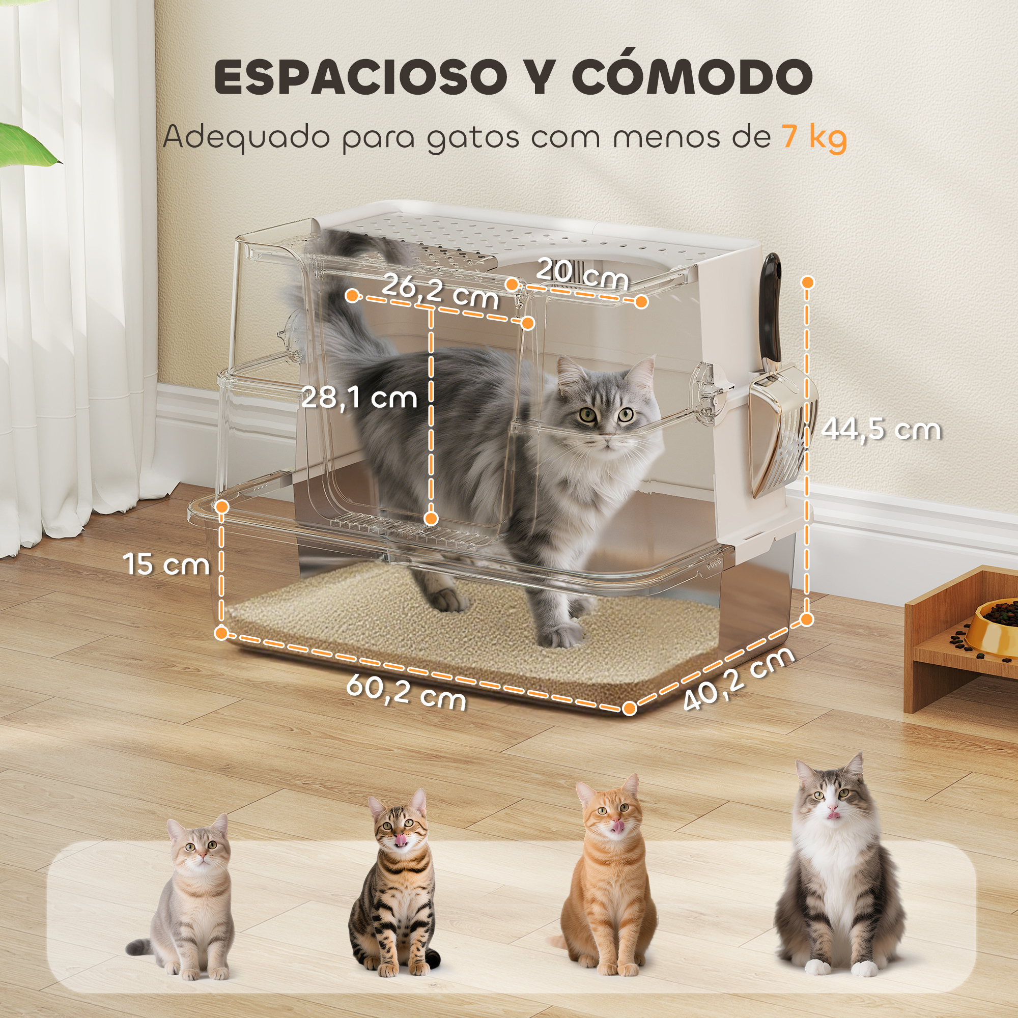 Un gato dentro de una caja transparente, con medidas. Cuatro gatos abajo. Texto dice 'Espacioso y cómodo'.