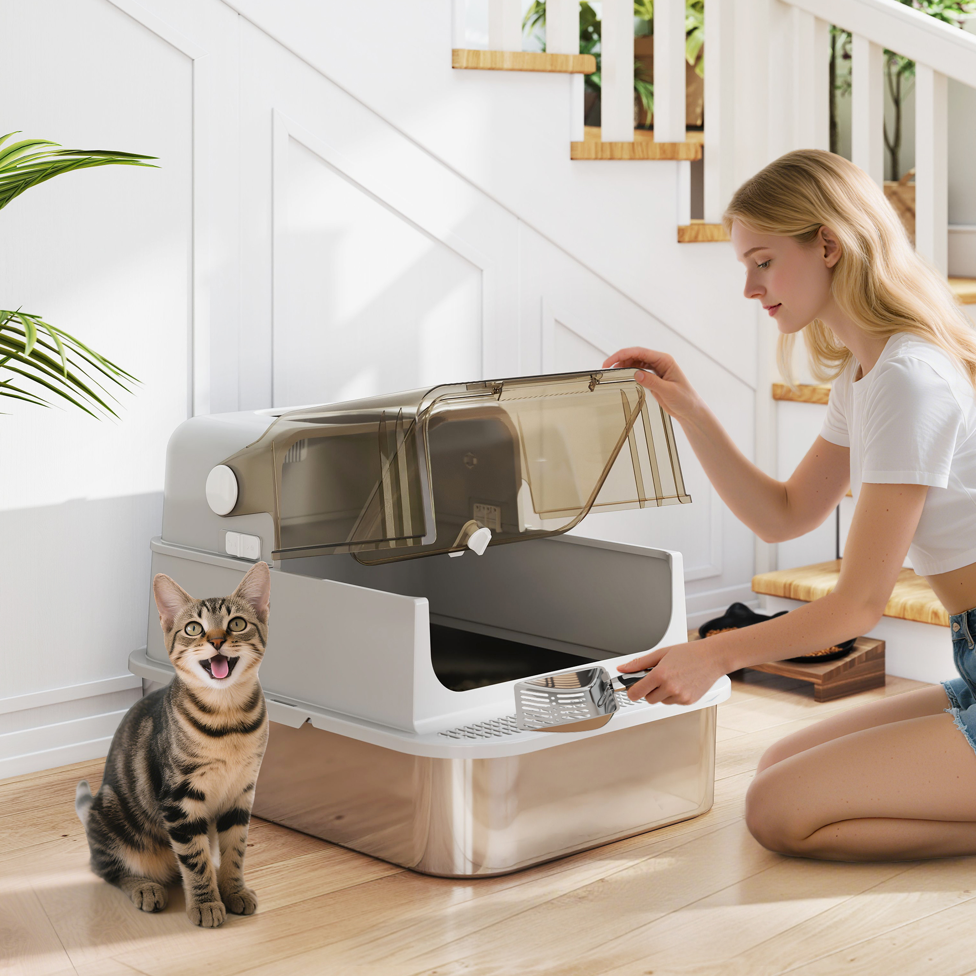 Mujer abriendo una caja de arena para gatos con un gato cerca. El gato es atigrado, la caja es blanca y gris.