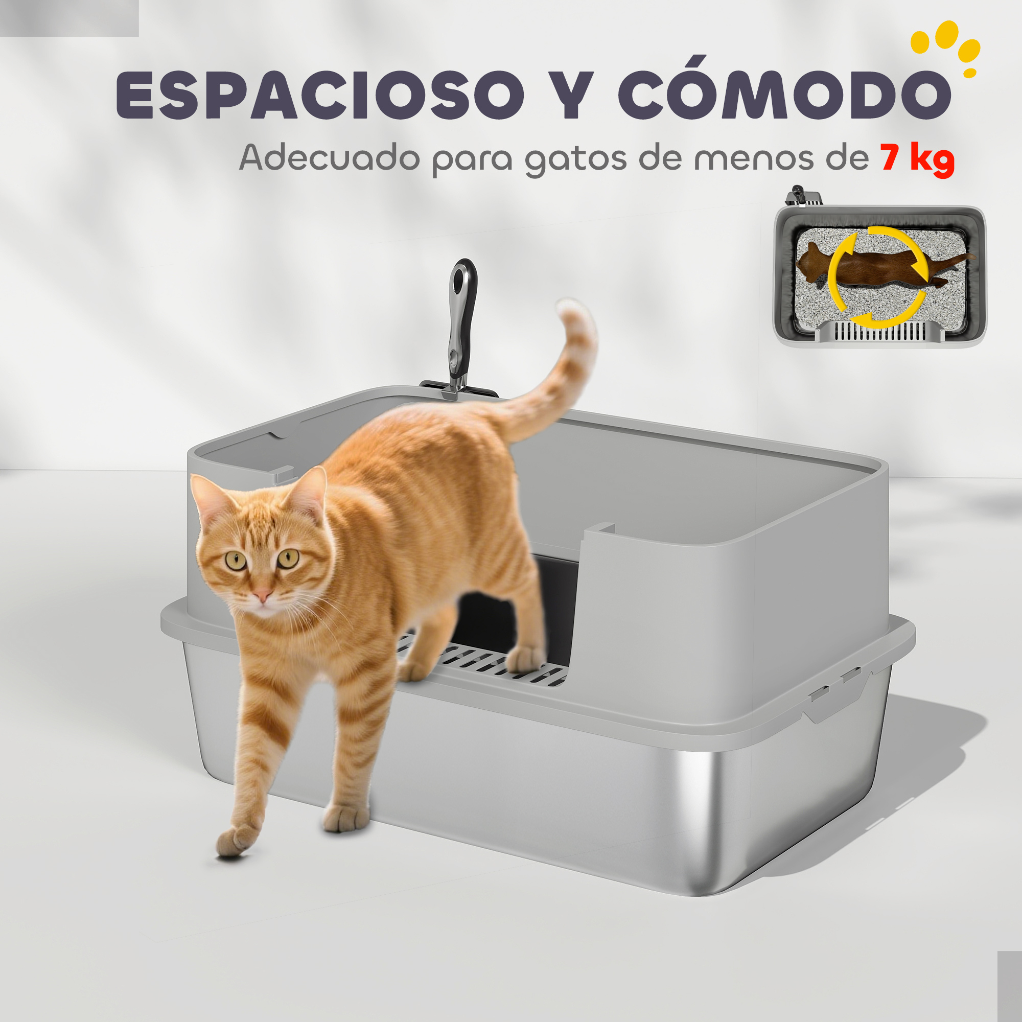 Un gato naranja sale de una caja de arena gris. El texto dice 'Espacioso y cómodo' y 'Adecuado para gatos de menos de 7 kg'.