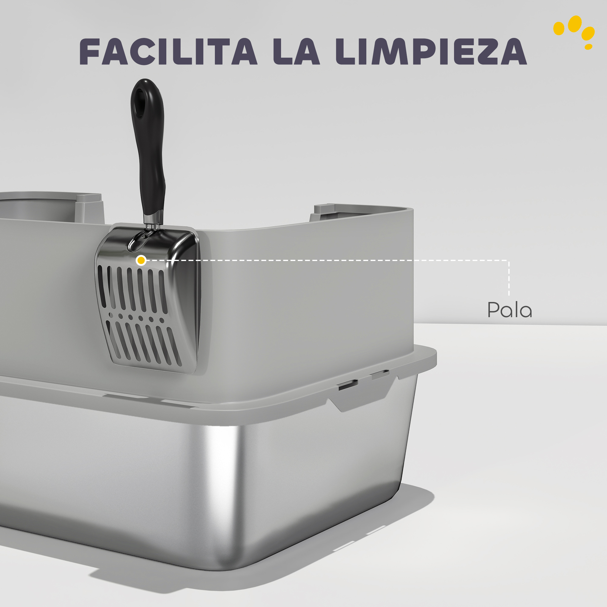 Una caja de arena gris con una pala. El texto de arriba dice: Facilita la limpieza. Hay puntos amarillos arriba a la derecha.