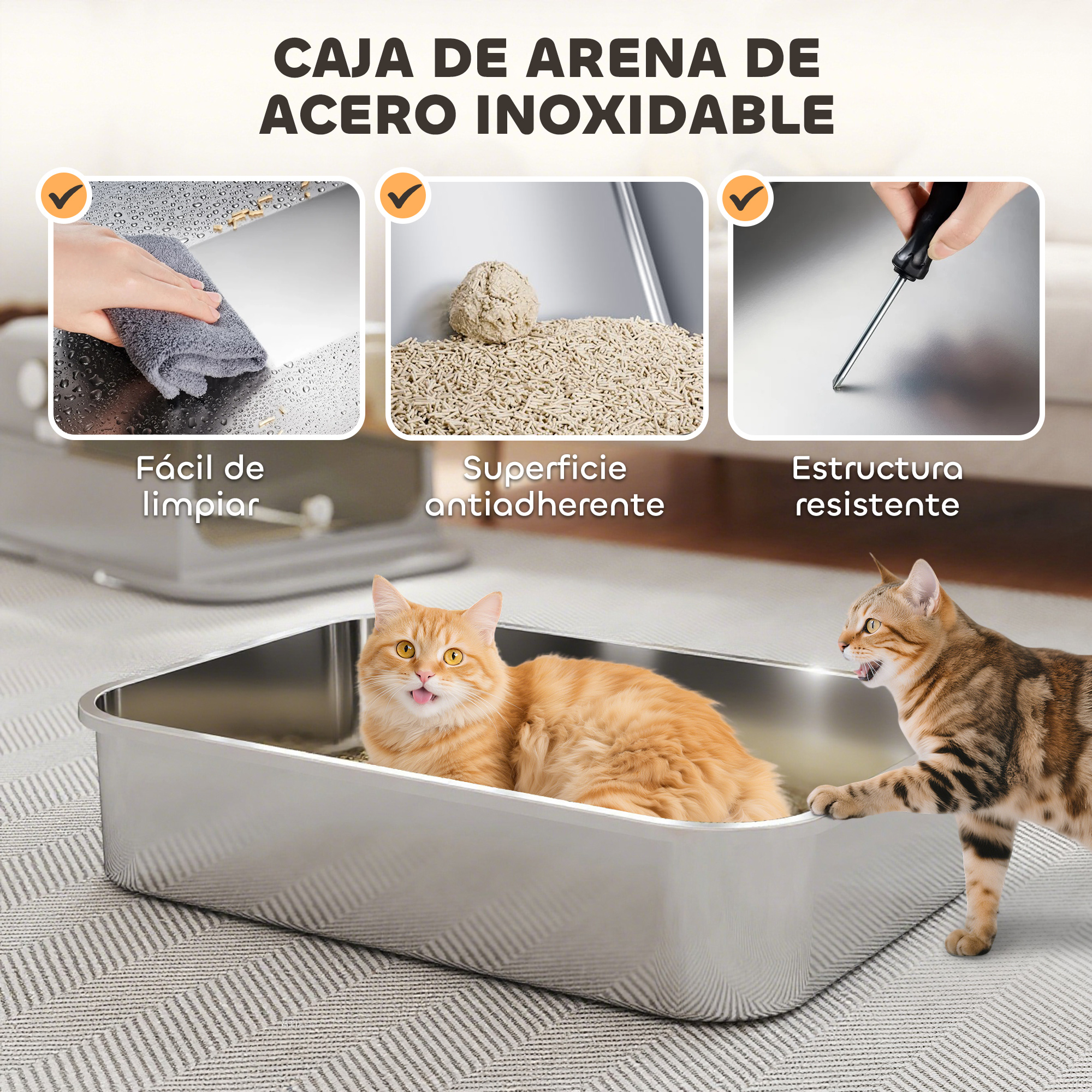 Arenero de acero inoxidable. Gato naranja dentro, gato atigrado al lado. Características: fácil limpieza y superficie antiadherente.