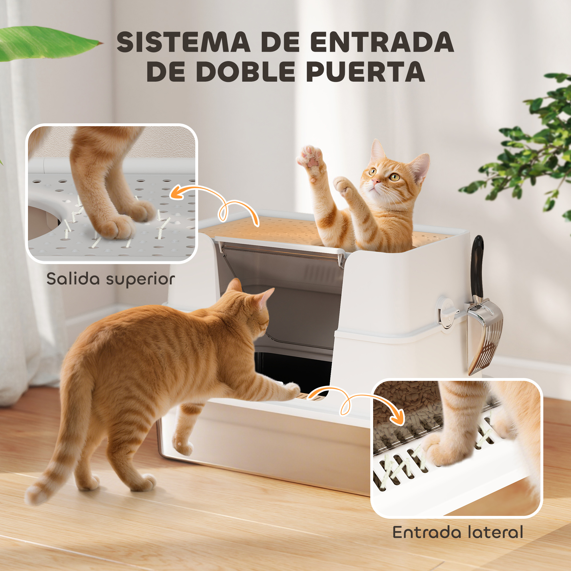 Gatos interactuando con una caja de arena blanca con múltiples puntos de entrada. La caja tiene una pala.