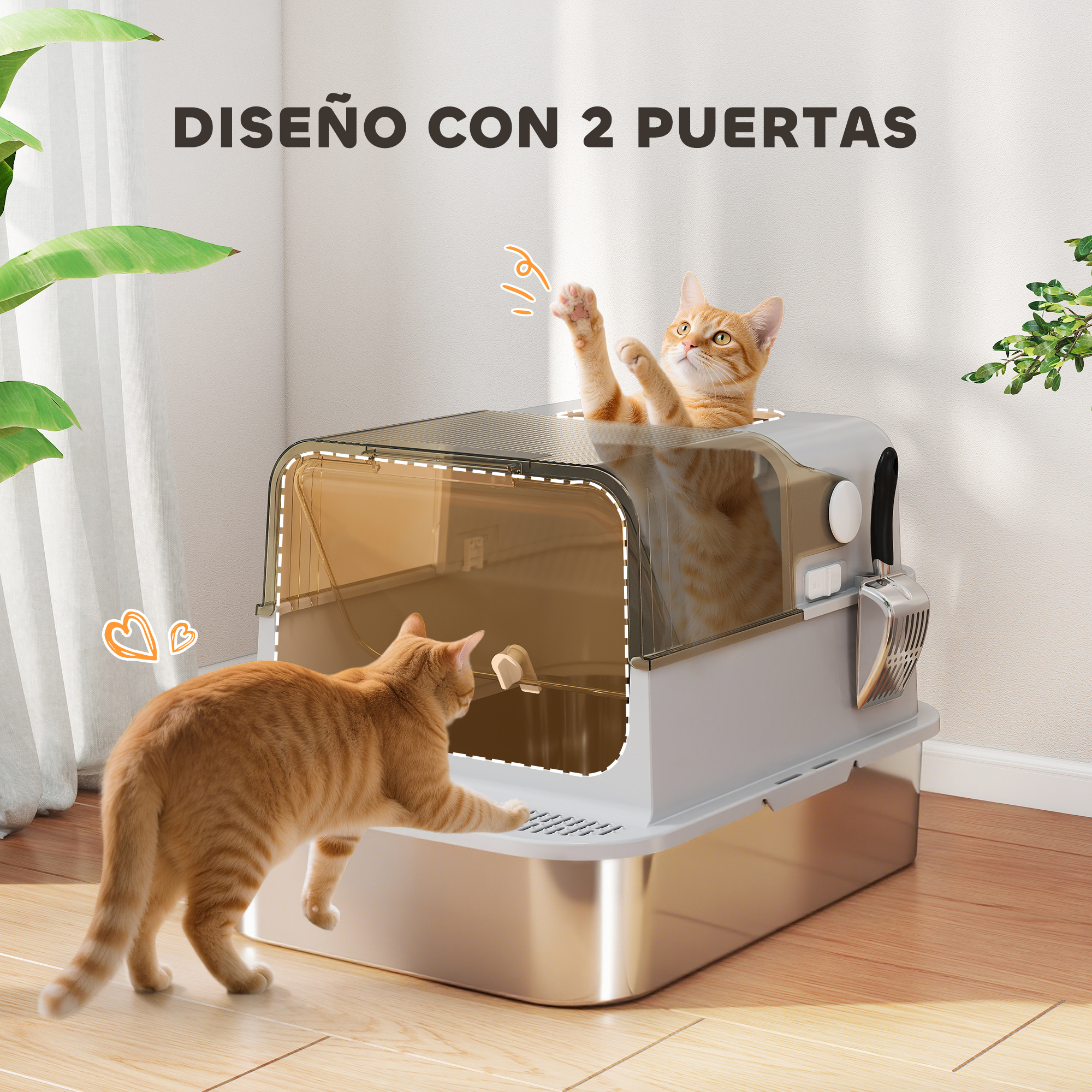 Dos gatos naranjas interactúan con una caja de arena gris. Uno está dentro, el otro afuera, en una habitación.