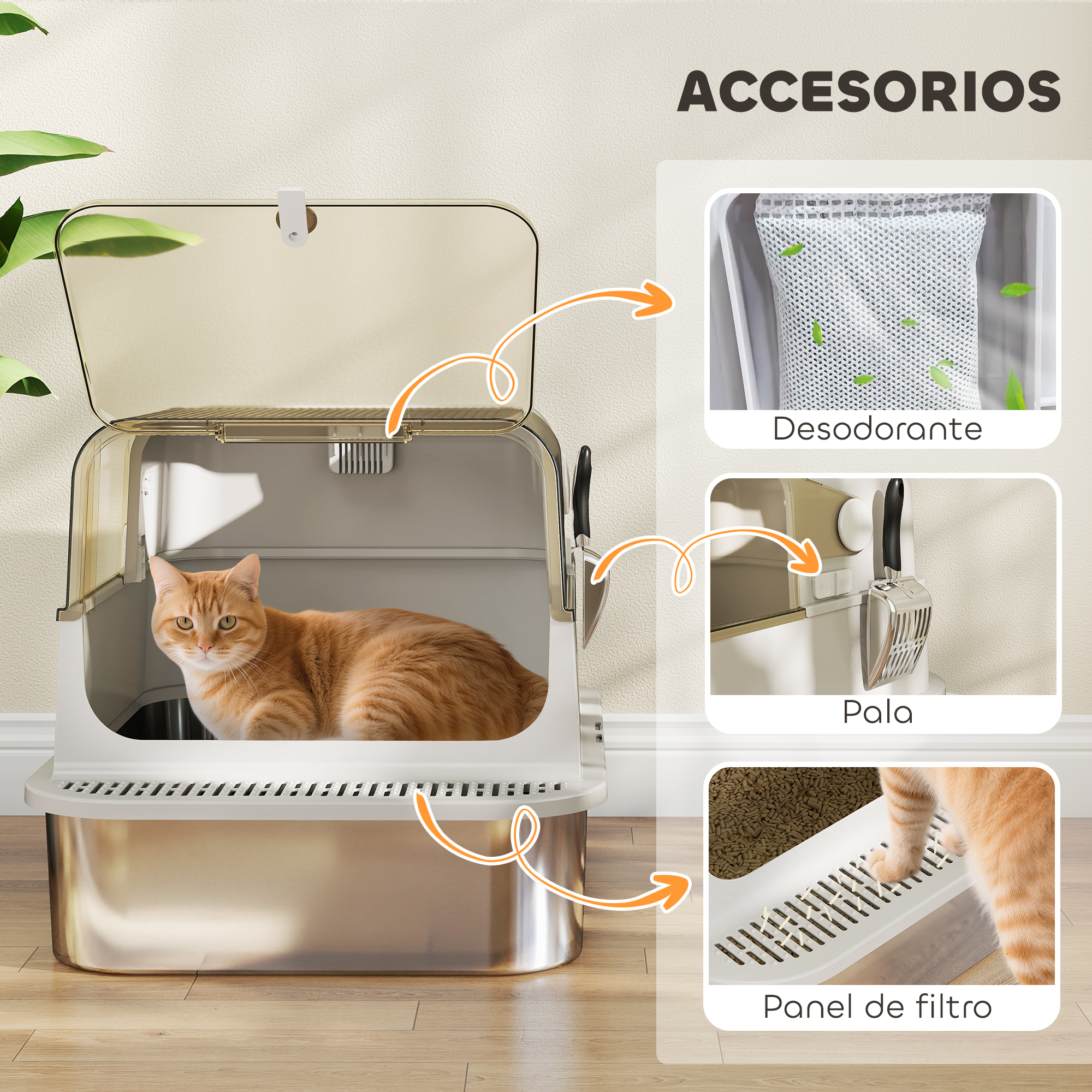 Un gato naranja en una caja de arena con accesorios: desodorante, pala y panel de filtro.