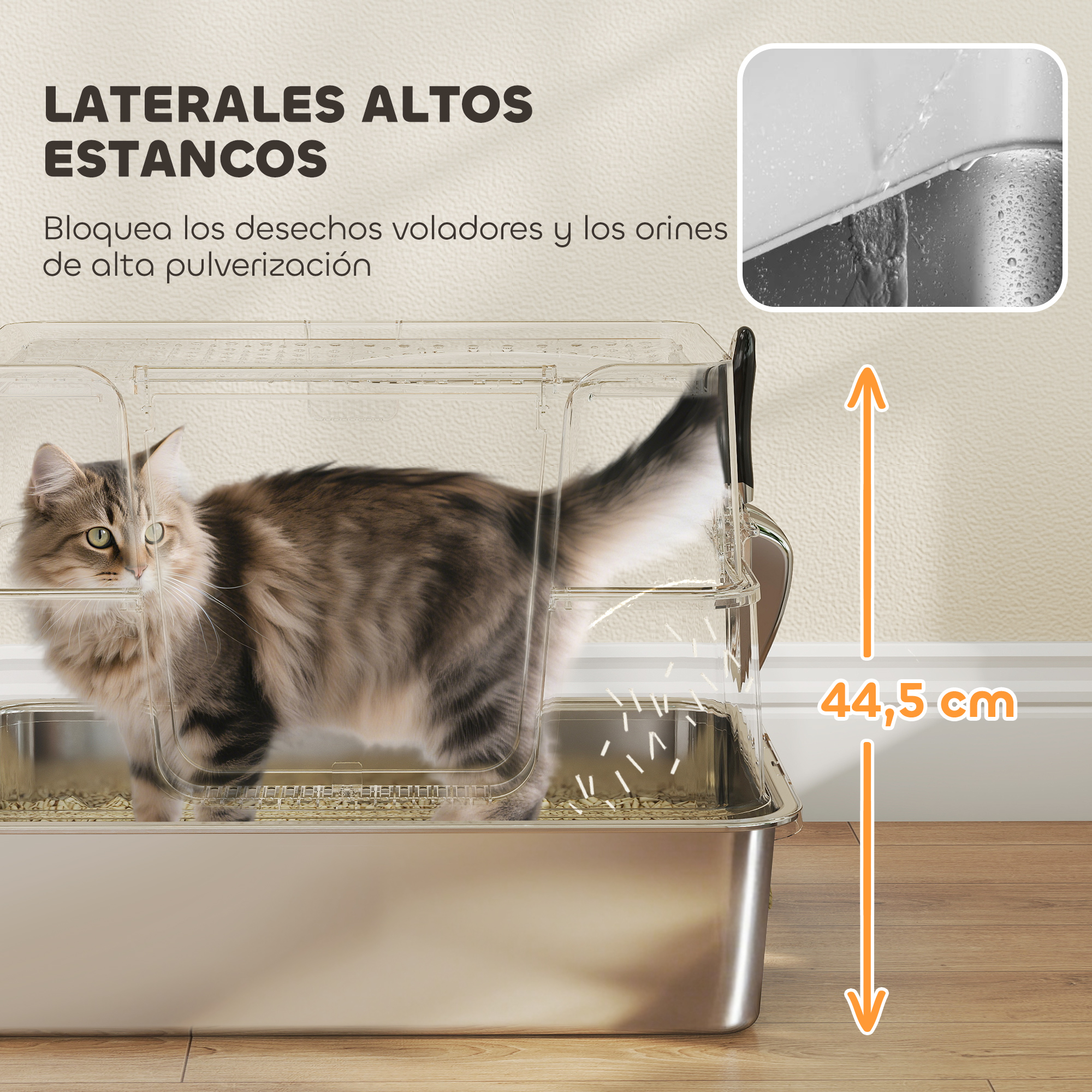 Un gato en una caja de arena transparente. La caja tiene laterales altos. Una flecha muestra 44.5cm. Texto en español.