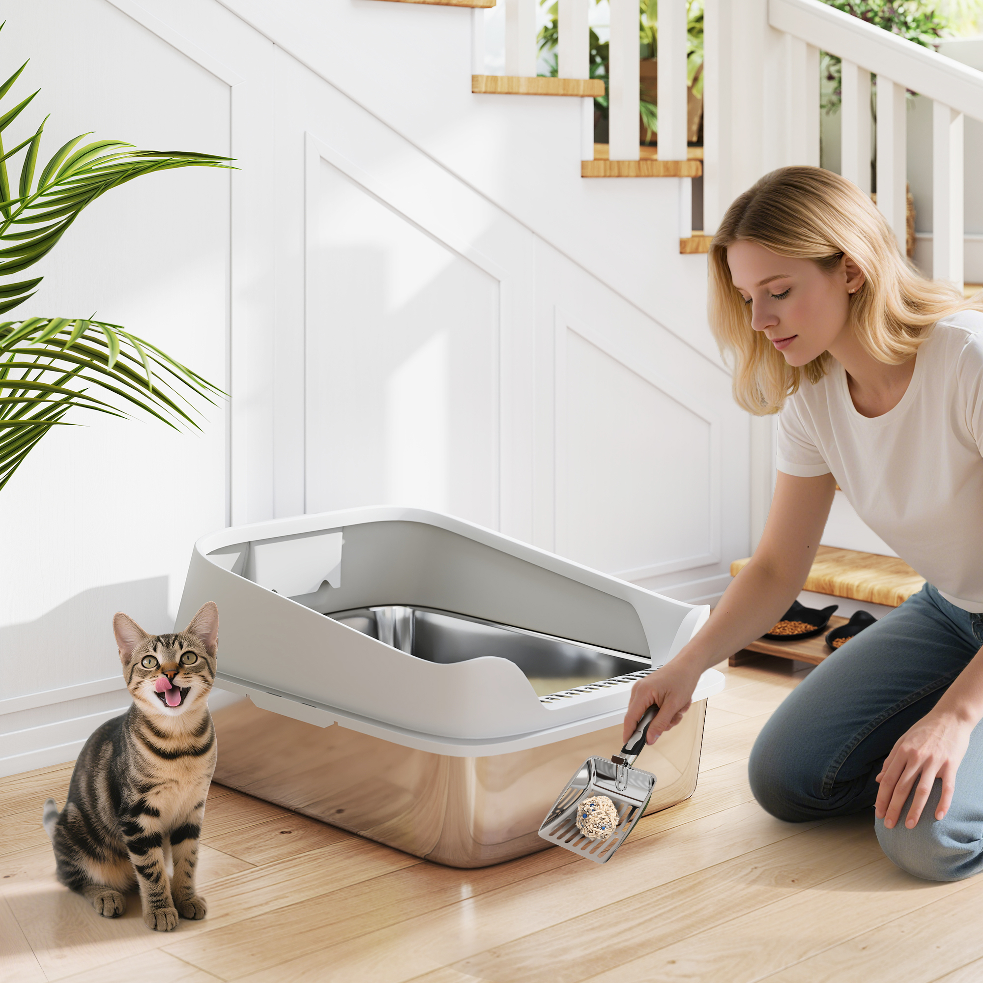 Una mujer limpia una caja de arena para gatos. Un gato atigrado está cerca. Escaleras y una planta en el fondo.
