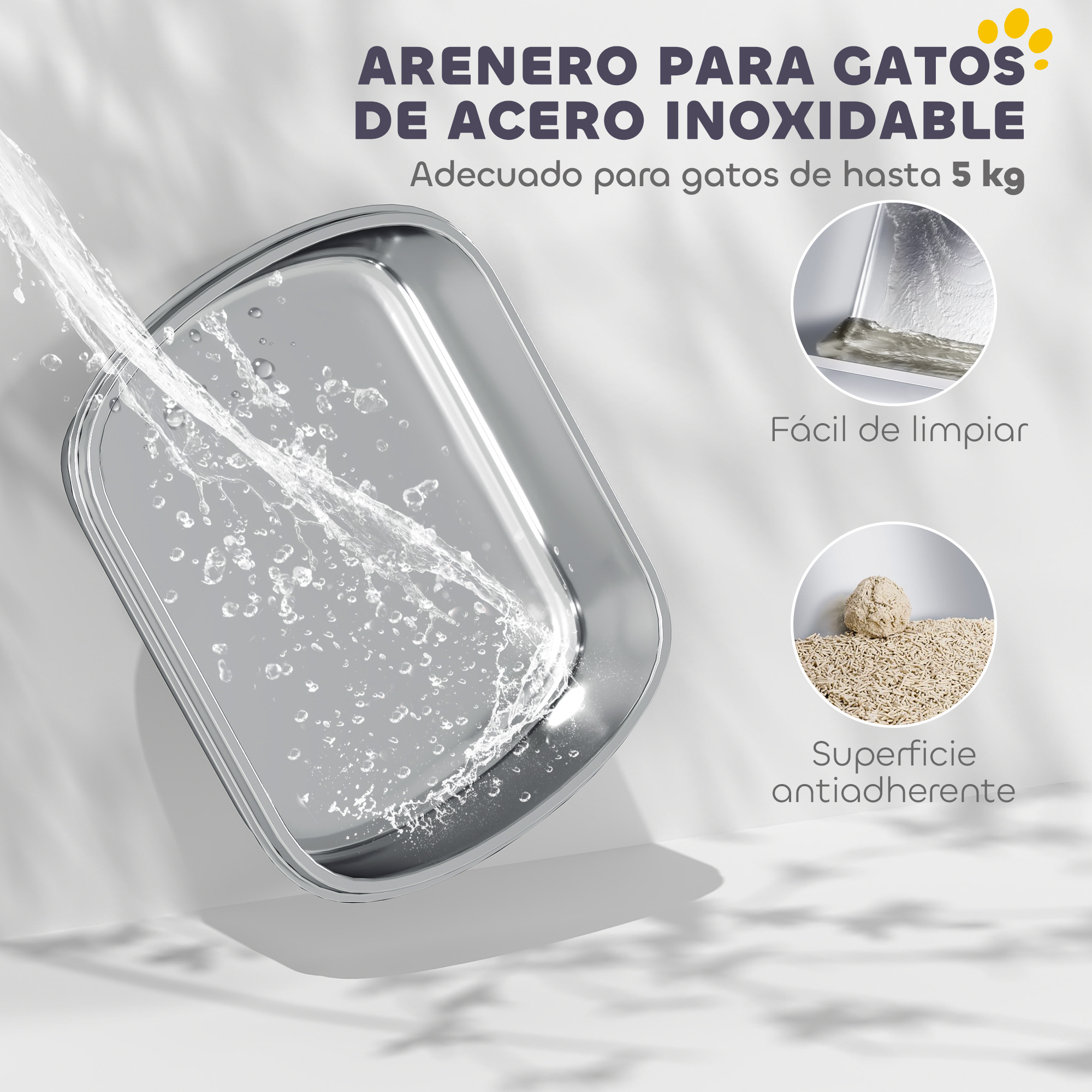 Arenero de acero inoxidable para gatos. El agua fluye hacia él. Tiene fácil limpieza y superficie antiadherente.