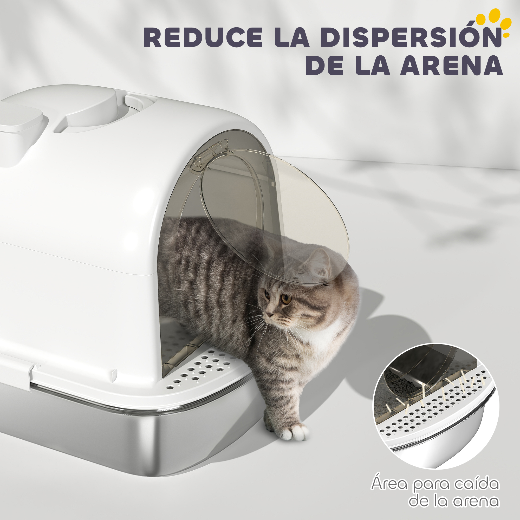 Un gato entra en una caja de arena blanca y gris. El texto dice 'Reduce la dispersión de la arena'. Un primer plano muestra un área de trampa de arena.
