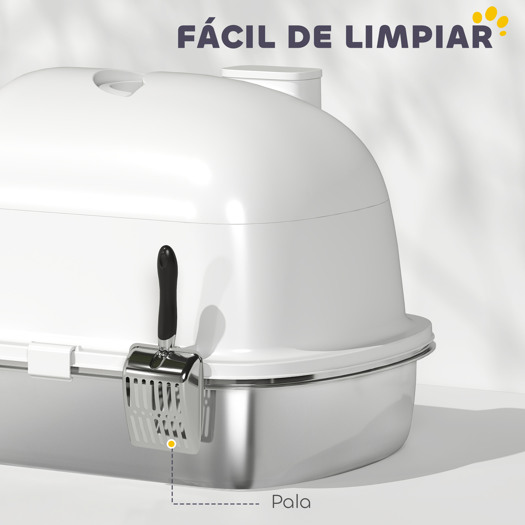 Arenero blanco y plateado con pala. El texto dice 'Fácil de Limpiar' (Fácil de limpiar).