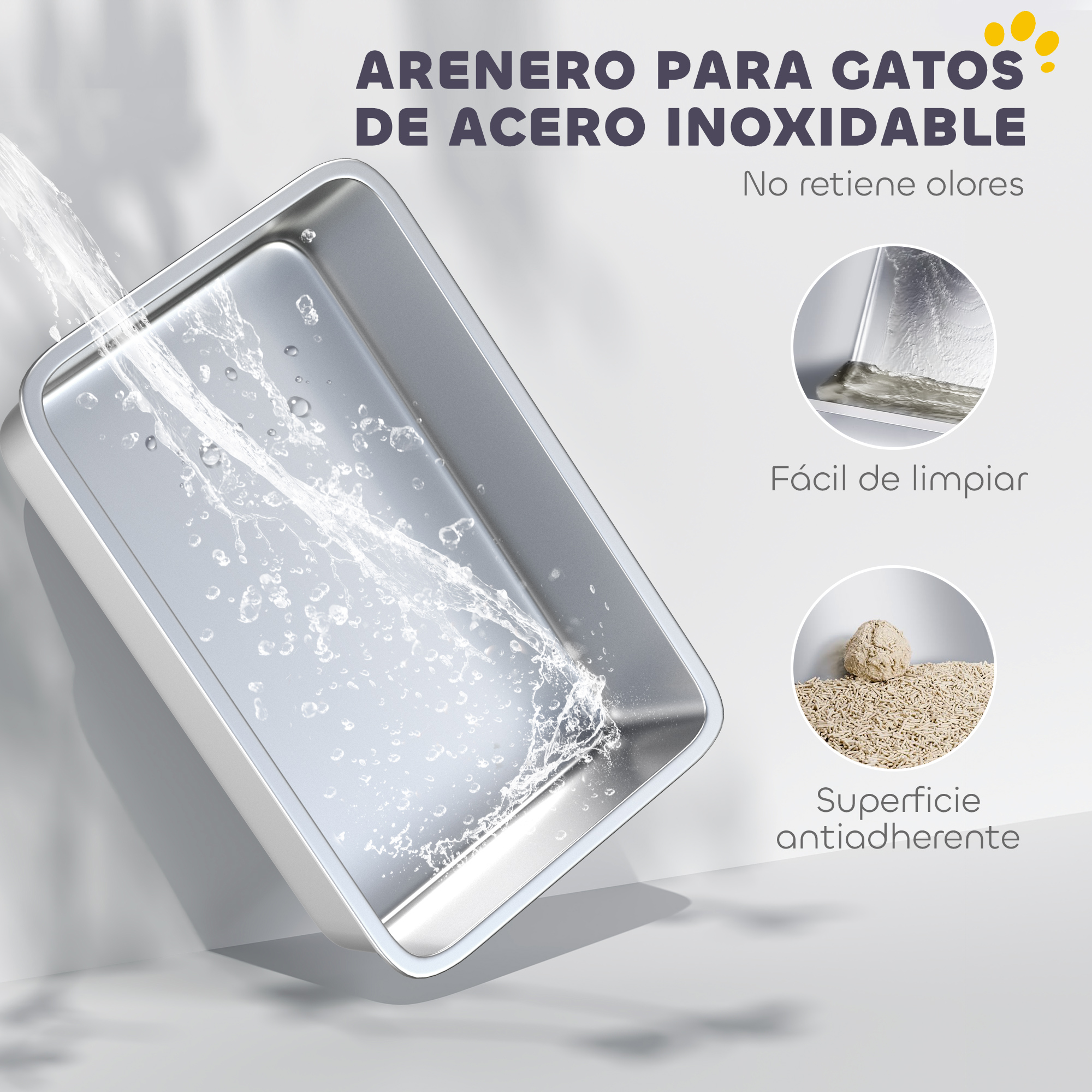 Arenero de acero inoxidable con agua vertiéndose. Incluye texto: fácil de limpiar, superficie antiadherente.