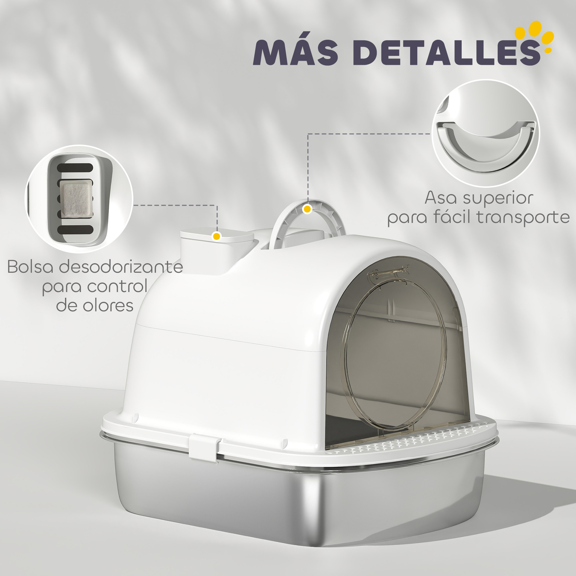 Se muestra una caja de arena para gatos blanca y plateada con asa y bolsa de control de olores. Se destacan los detalles.
