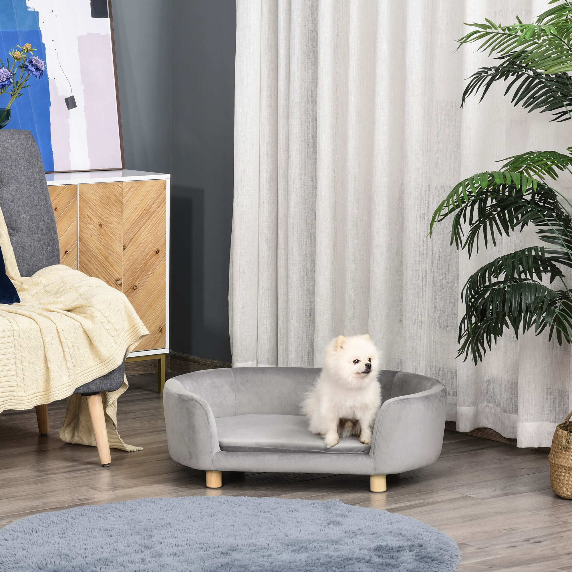 Un perro blanco está sentado en una cama gris sobre un suelo de madera. Una alfombra azul está delante. El fondo incluye cortinas y plantas.