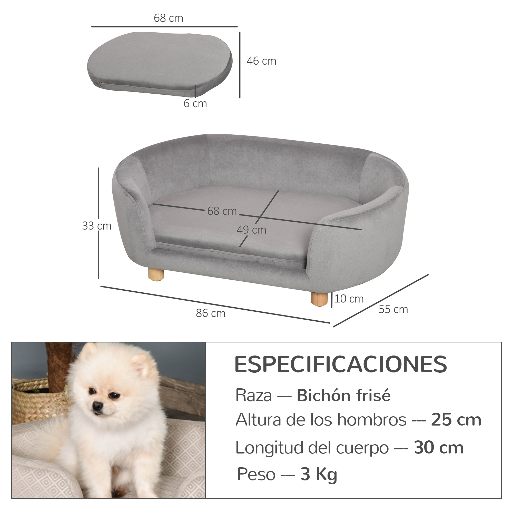 Cama gris para mascotas con dimensiones. Un perro pequeño, Bichón Frisé, sentado en un cojín estampado, especificaciones.