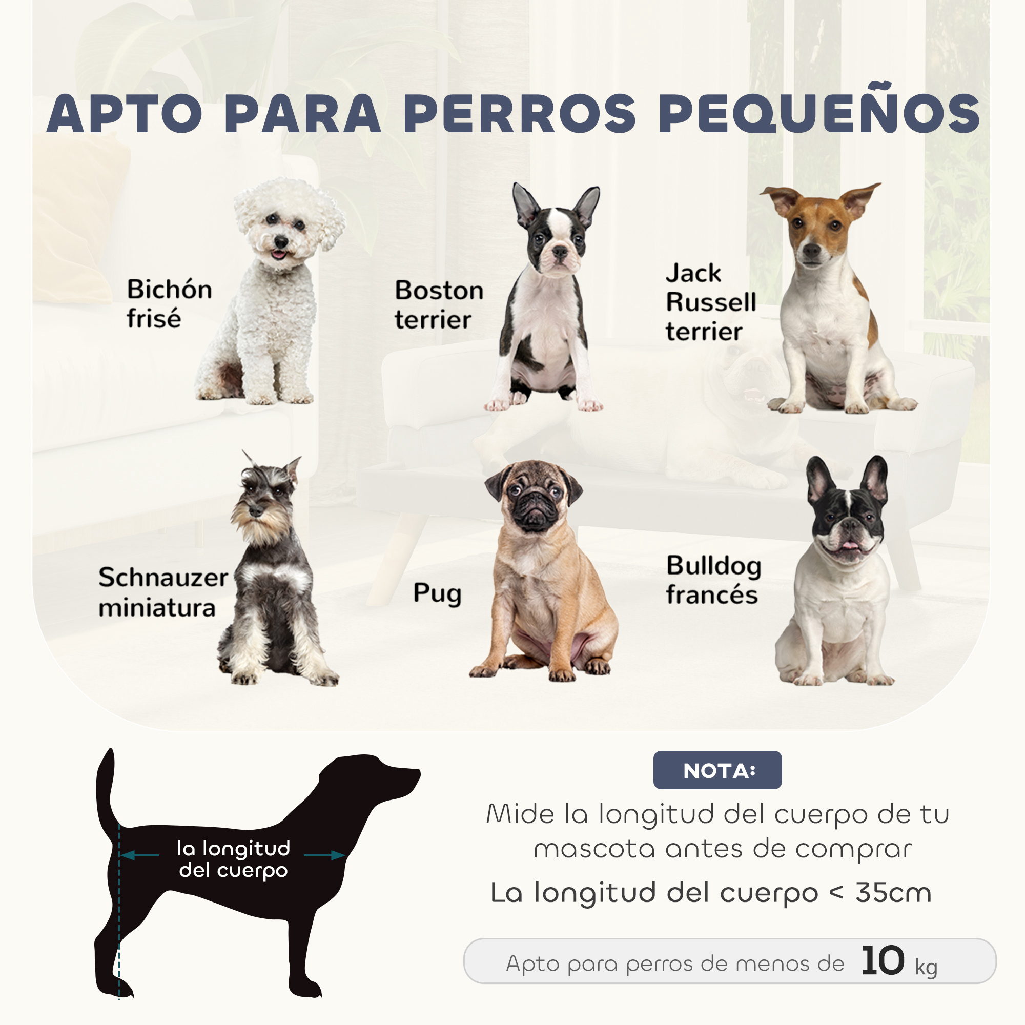La imagen muestra varias razas de perros con nombres. El texto sugiere medir la longitud del cuerpo del perro para la compra, longitud inferior a 35 cm.