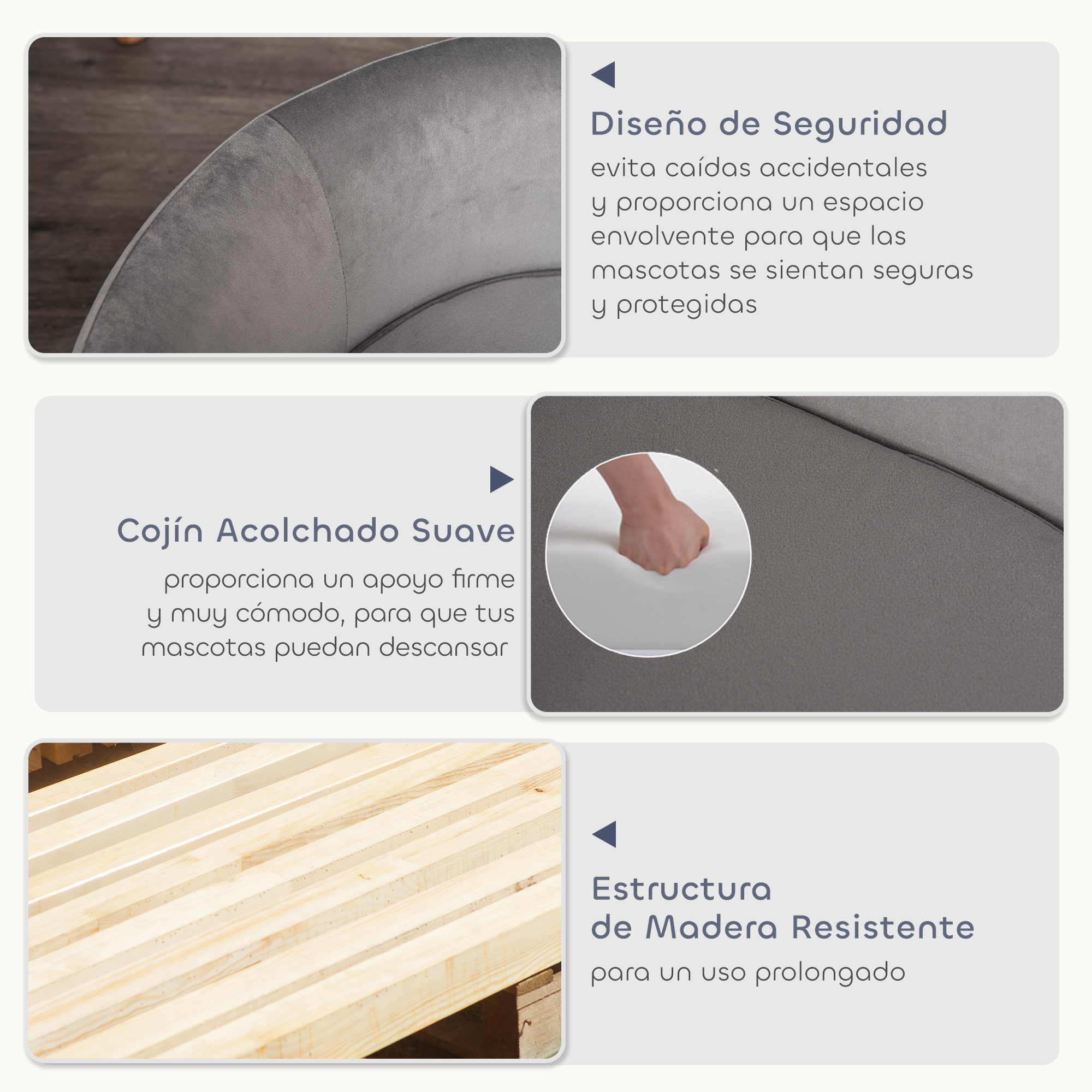 La imagen muestra detalles de una cama para mascotas. Tiene tela gris suave y base de madera. El texto describe las características.