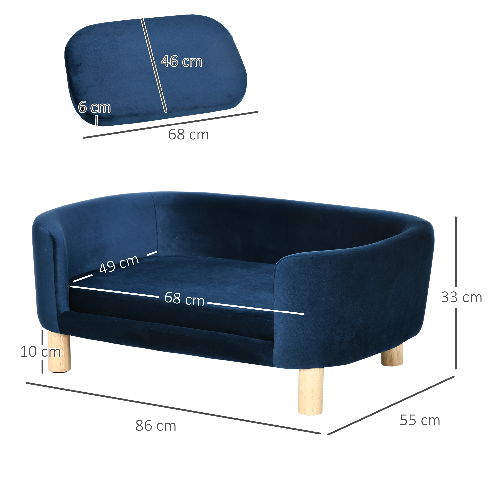 Una cama para mascotas azul marino con medidas. Tiene una almohada separada y patas de madera. Las dimensiones están etiquetadas.