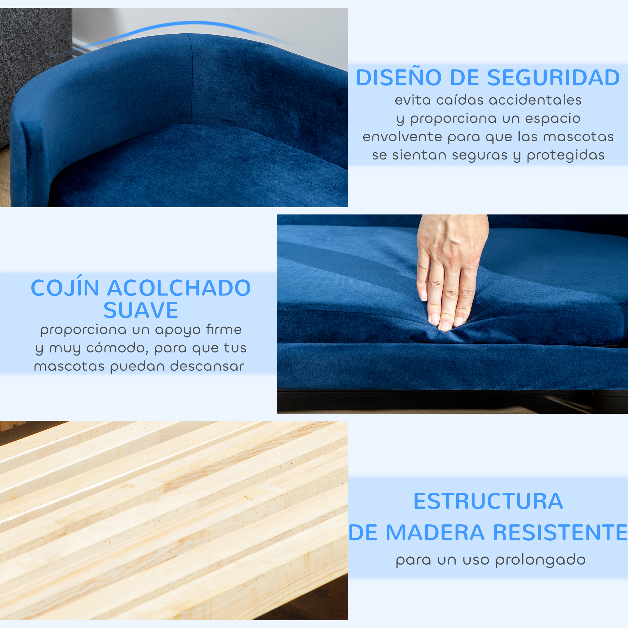 Cama azul para mascotas con texto sobre seguridad, cojín suave y marco de madera resistente.