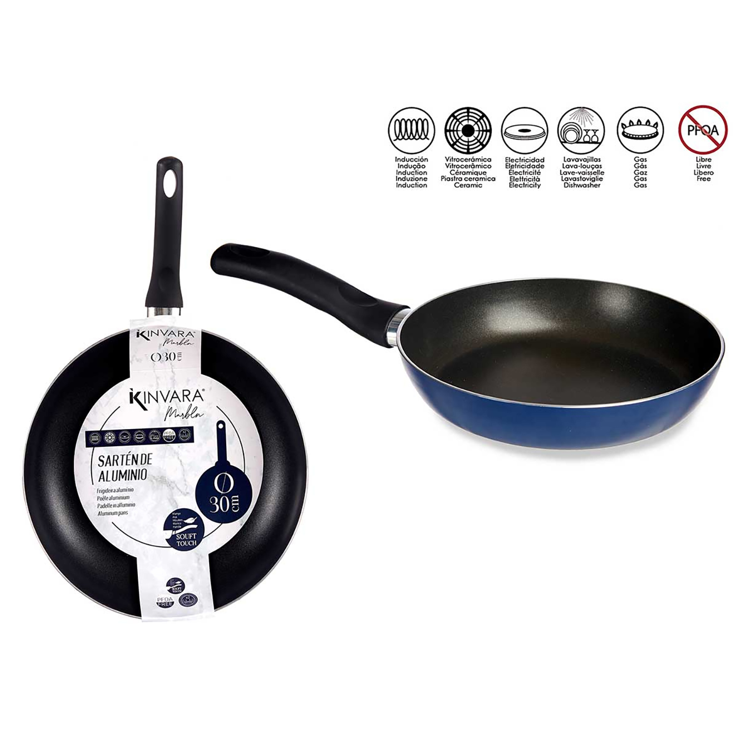 Zwei Bratpfannen, eine in der Verpackung. Die Pfannen sind schwarz und blau. Merkmale umfassen Induktion, Keramik, Spülmaschine, Gas und PFOA-frei.