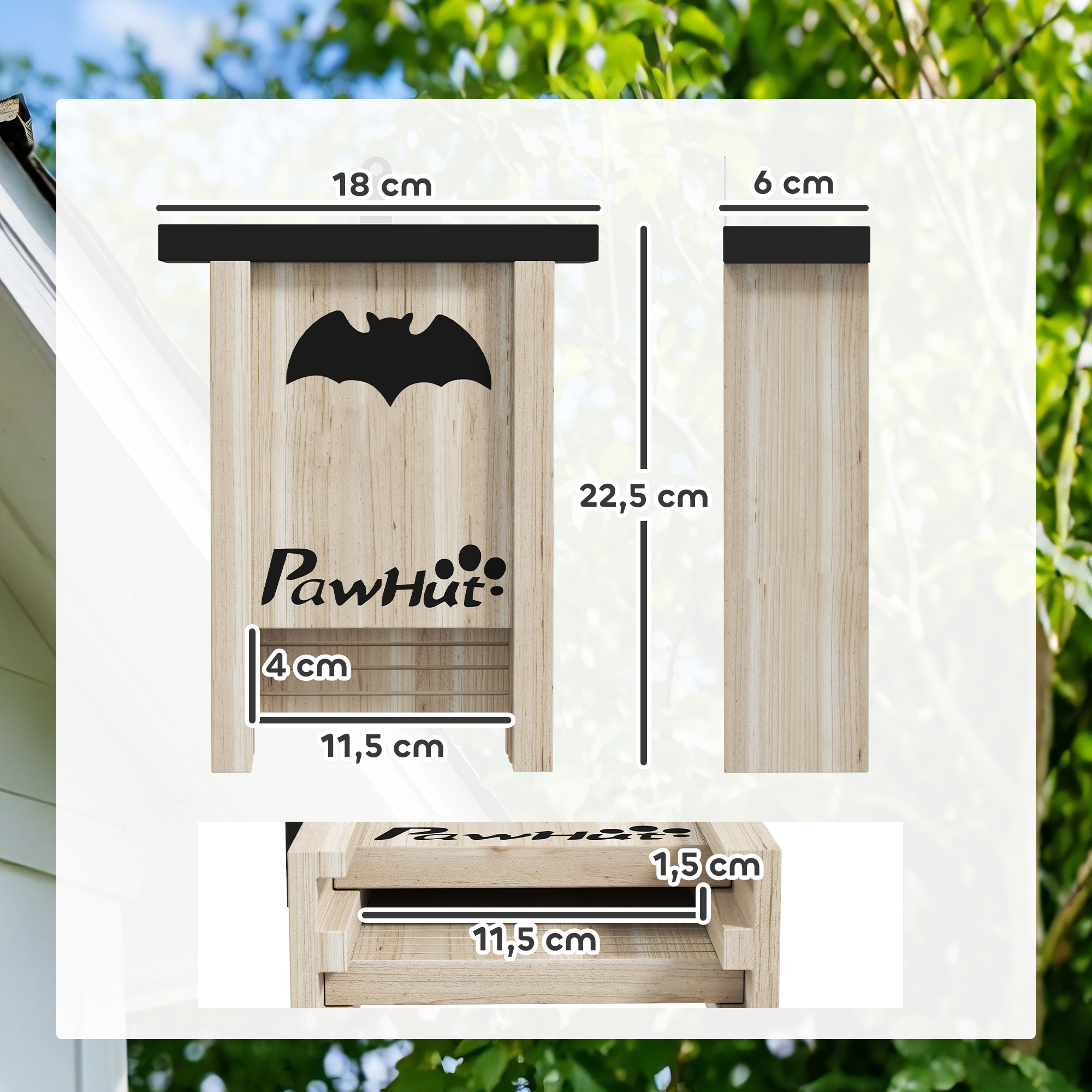 Una casa de murciélagos de madera con una silueta de murciélago, el logotipo de PawHut y medidas en cm sobre un fondo verde.