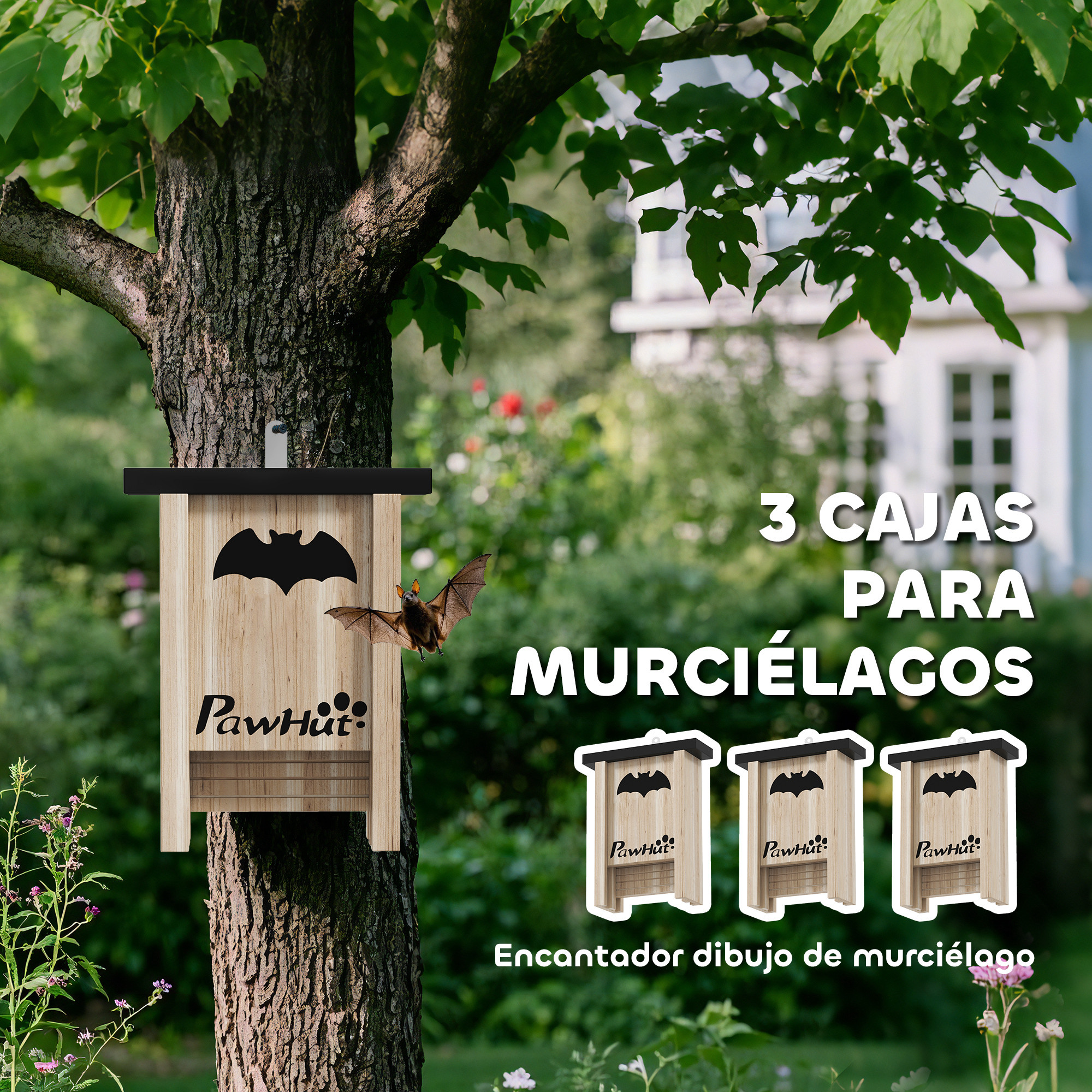 Una casa para murciélagos está sujeta a un árbol. Un murciélago vuela cerca de la casa. El texto dice "3 casas para murciélagos" y "diseño de murciélago encantador".