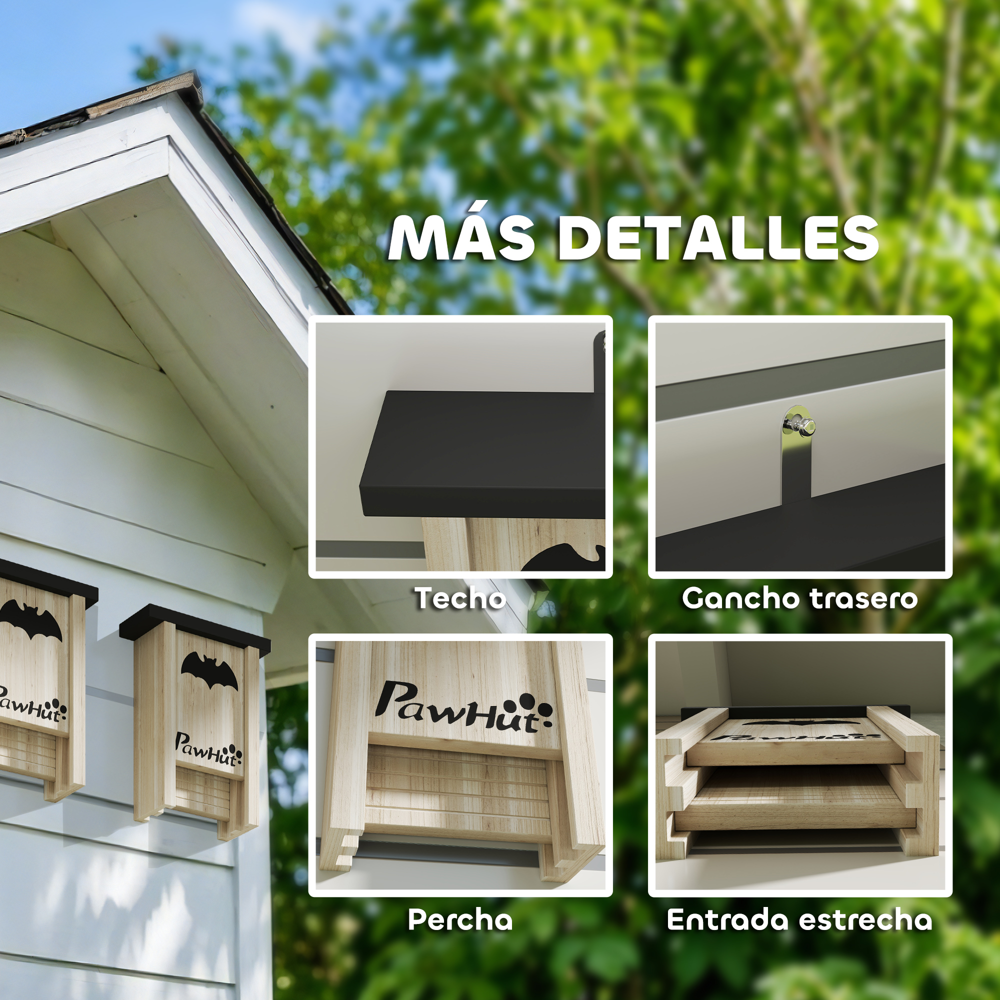 Casas de murciélagos de madera con techos negros montadas en una casa blanca. Los detalles incluyen el techo, la percha y el gancho trasero.