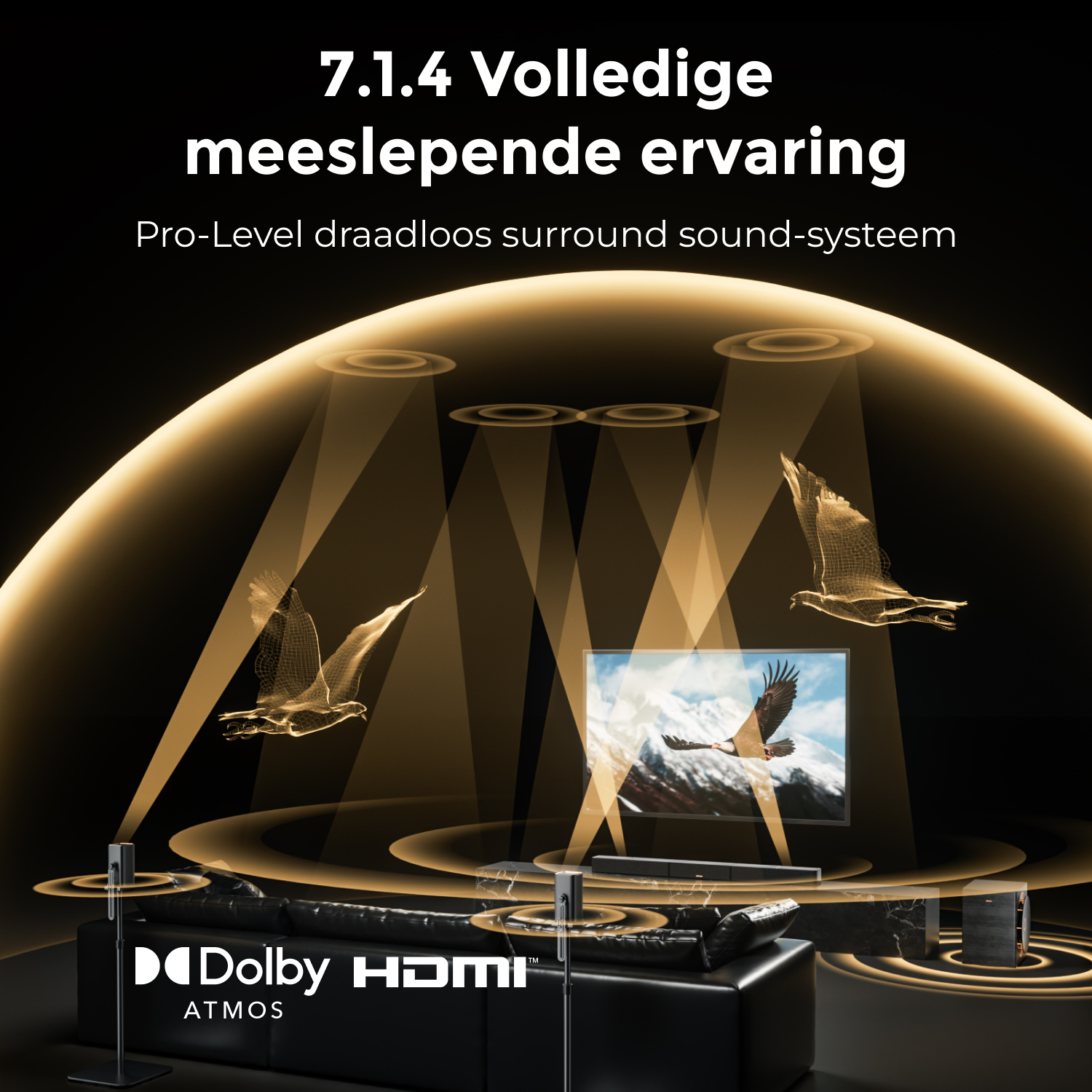 L'image montre une configuration home cinéma avec une TV, des enceintes et des faisceaux sonores. Un aigle filaire vole dans les airs, avec les logos Dolby et HDMI.