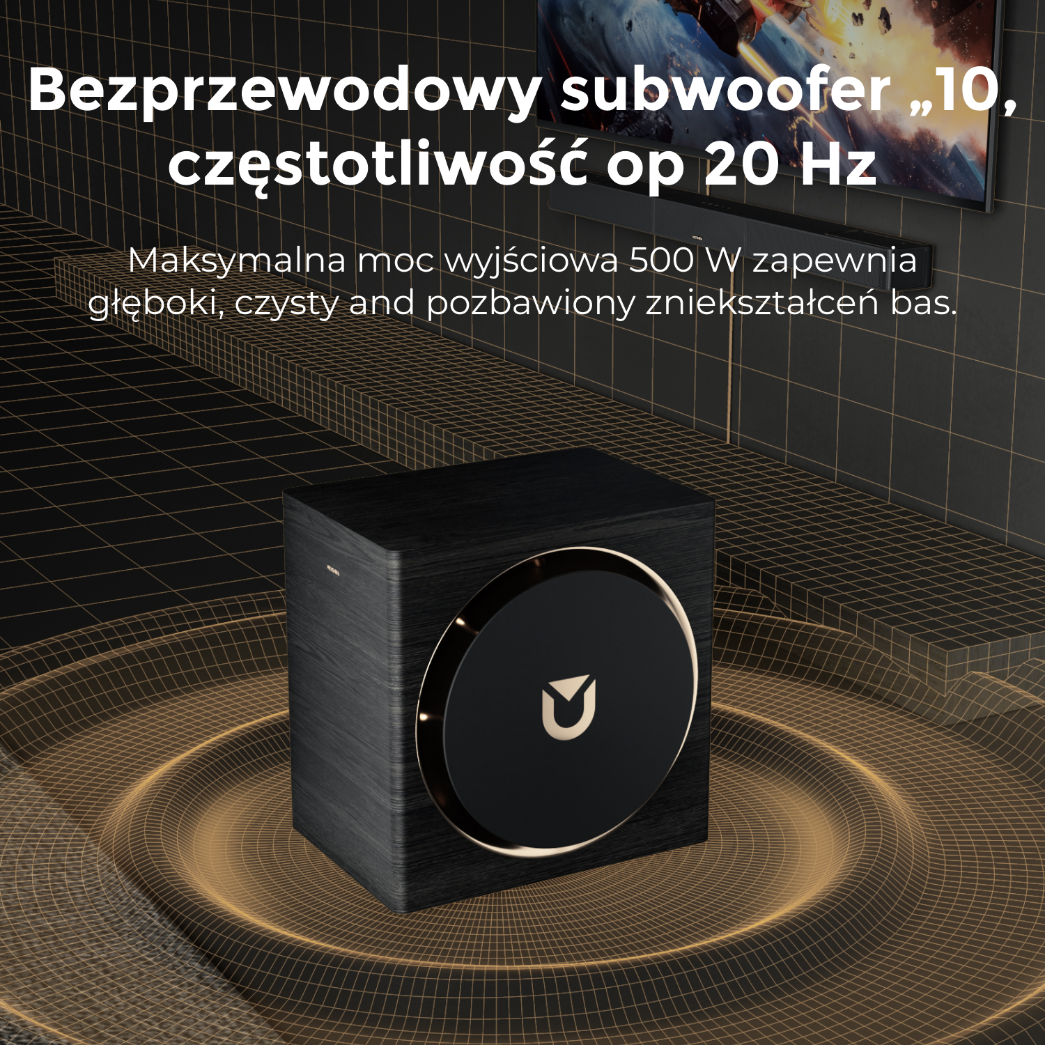 A black subwoofer with a gold ring around the speaker, on a dark background. Text mentions features and specifications.