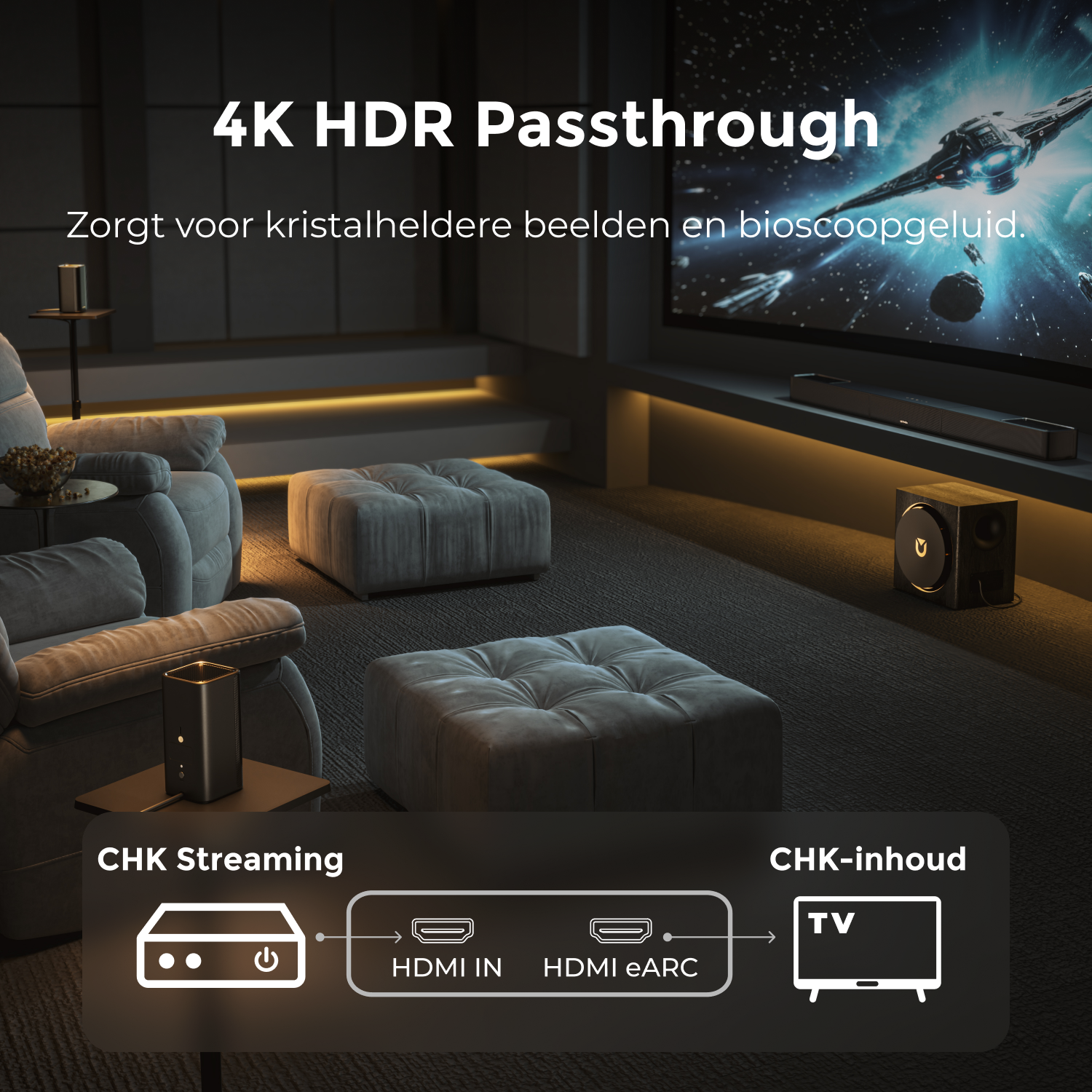 A modern living room with a large TV displaying a spaceship scene.  Diagram shows HDMI connections for streaming.