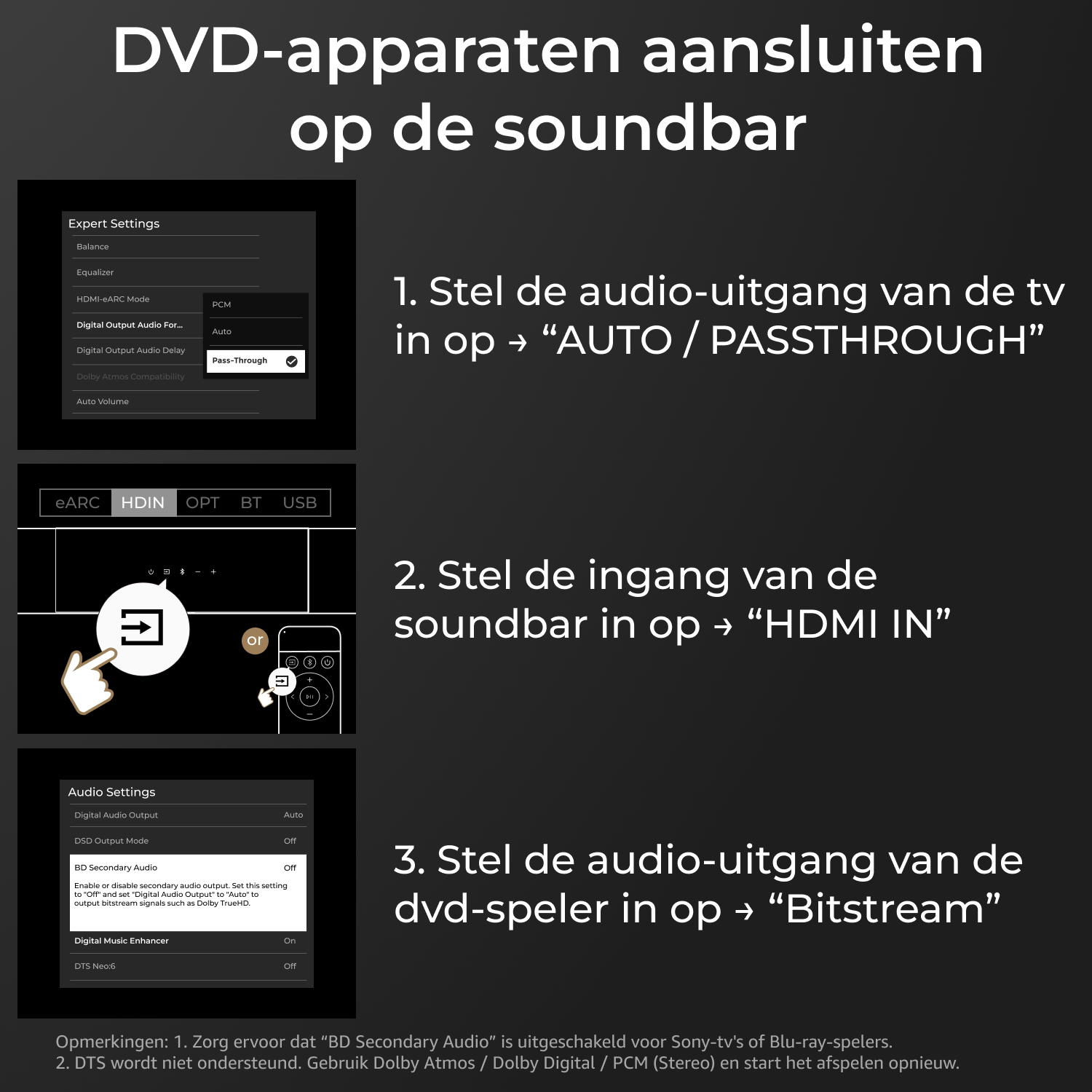 Instructions on connecting DVD players to a soundbar, with screenshots of settings and steps.
