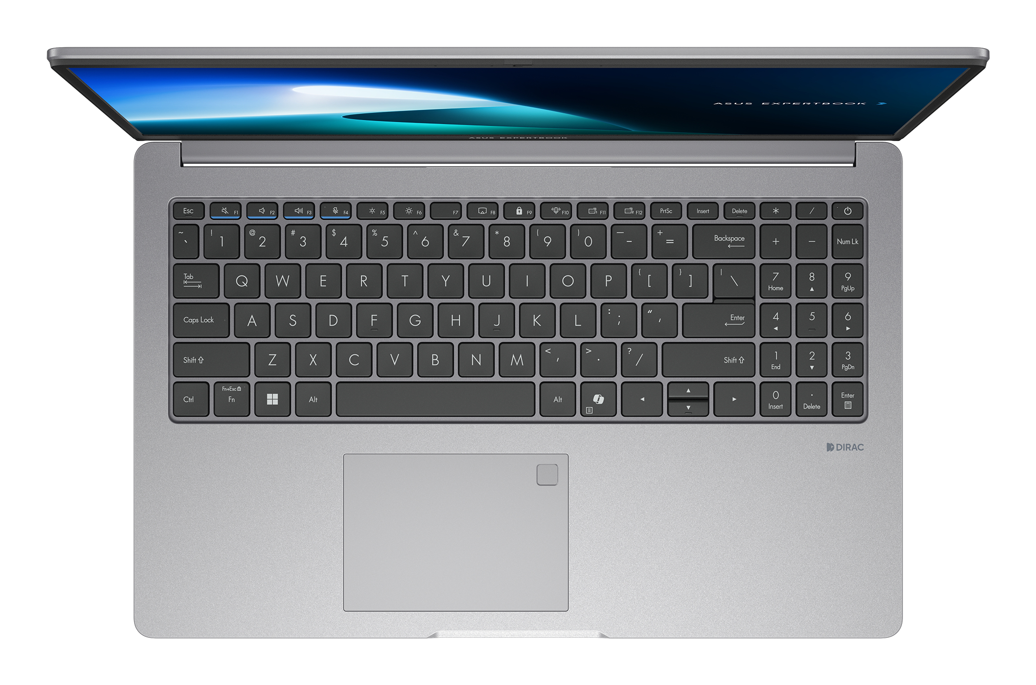 Un laptop grigio aperto, che mostra la tastiera e lo schermo. Lo schermo mostra il logo ASUS EXPERTBOOK.