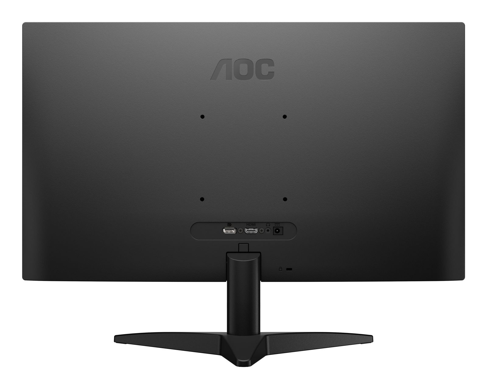 Widok z tyłu czarnego monitora AOC. Widoczne porty: HDMI, USB i zasilanie. Stojak jest czarny. Widoczne logo AOC.