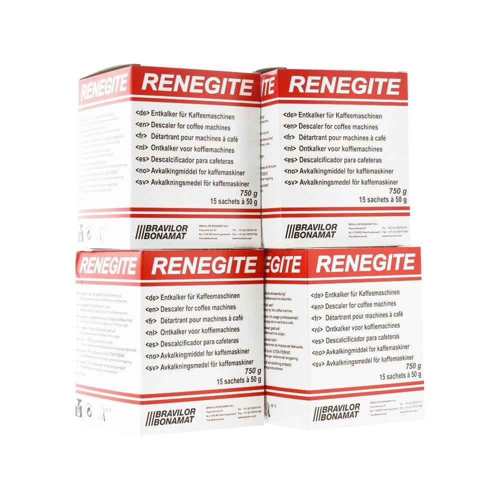 Mehrere Kartons mit RENEGITE Entkalker für Kaffeemaschinen, in rot-weißer Verpackung, sind gestapelt. Text in mehreren Sprachen ist sichtbar.