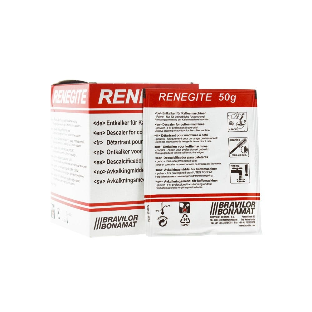 Eine Packung Renegeite Entkalker für Kaffeemaschinen. Text in Englisch, Deutsch, Französisch, Niederländisch, Spanisch, Norwegisch und Schwedisch.