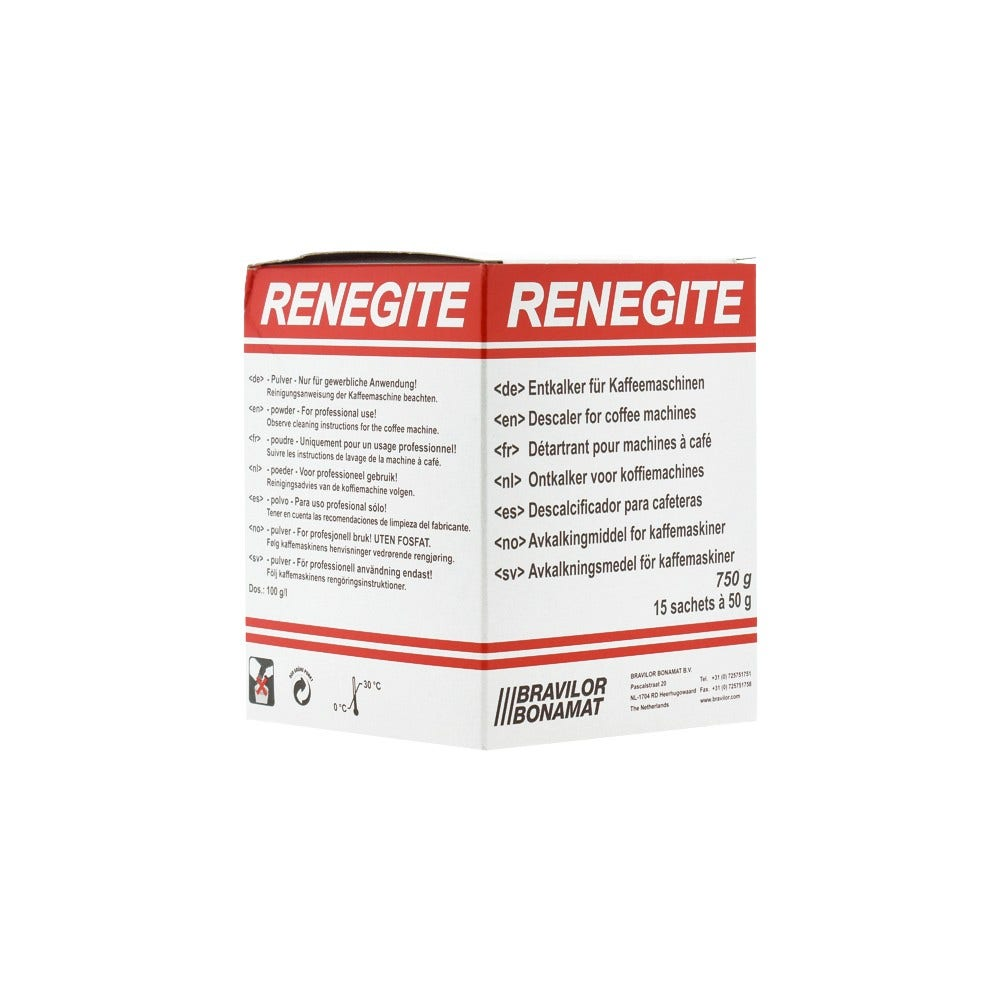 Schachtel mit RENEGITE Entkalker für Kaffeemaschinen. Text in mehreren Sprachen. Enthält 15 Beutel, insgesamt 750g.