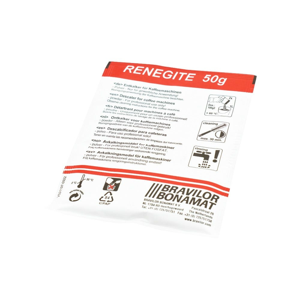Rote und weiße Verpackung von RENEGITE Entkalker für Kaffeemaschinen, mit Anweisungen und Logo.