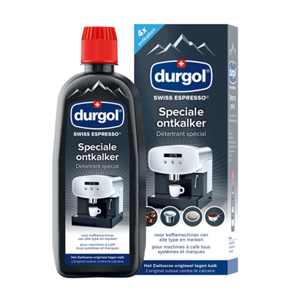 Una bottiglia di decalcificante 'durgol' accanto alla sua scatola, entrambe con l'immagine di una macchina da caffè. Testo in più lingue visibile.