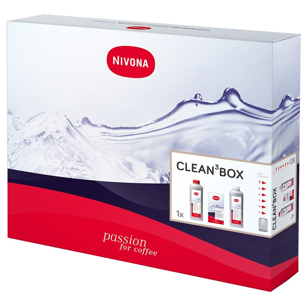 Eine Nivona Clean³Box Produktbox. Sie hat rote und weiße Farben mit einem Wasserspritzer-Design und dem Schriftzug 'passion for coffee'.